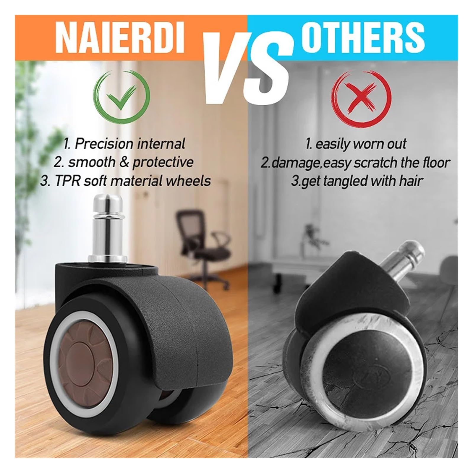 5 ruote TPR morbide silenziose 2" per sedie ufficio | Rulli TPR morbidi silenziosi, innocui per pavimenti, ruote sostitutive, ferramenta mobili.