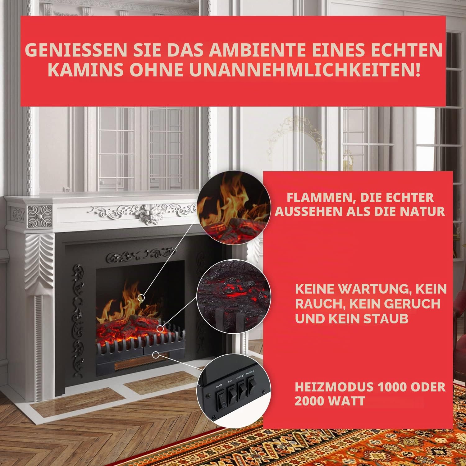 CHEMIN'ARTE Elektrokamin mit heizung - Elektrischer Solo-Stand - 67x23x24cm Kamin mit realistischem Flammeneffekt für Wohnzimmer und alle Innenraumbereiche - LED Lampen - Freistehender Elektrokamin