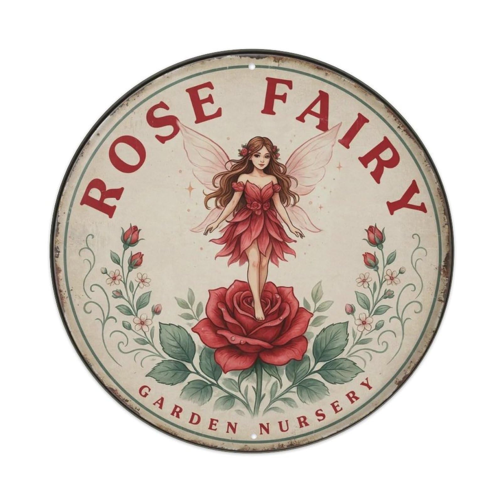 Vintage Rose Flower Fairy Round Metal Tin Sign Plaque