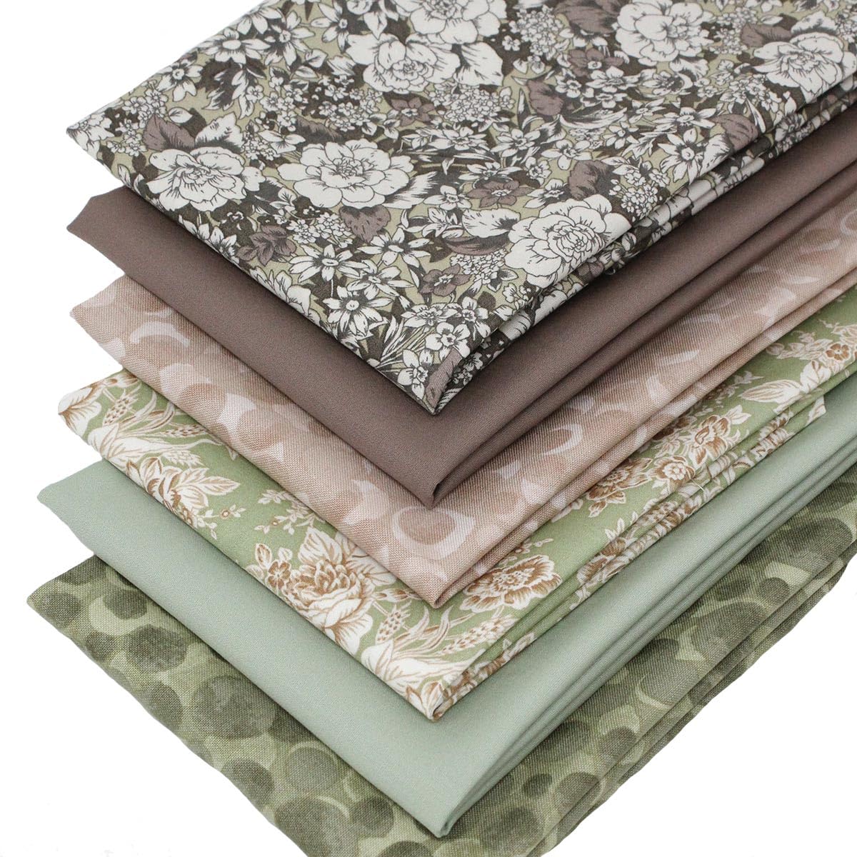 Overdale Fabrics Green, Brown 6 Fat Quarters Bundle - 'Pretty Petals - Green' Stunning Floral Fabrics & Blenders In Green & Brown. 100% Cotton For Quilting, Patchwork & Crafting (With Free Patchwork Pattern By Overdale Fabrics)