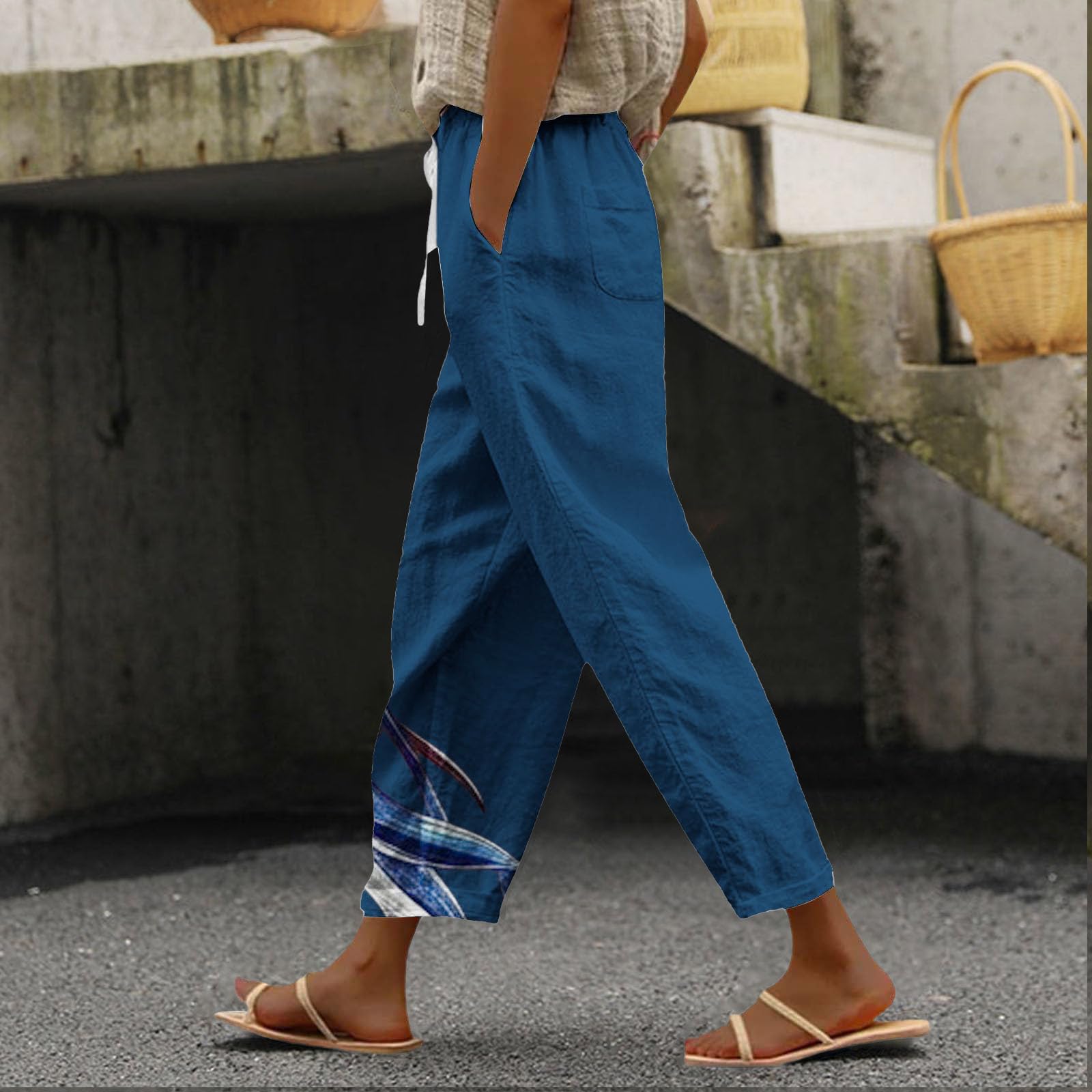 Generisch Pantalon d'été léger pour femme - Imprimé mousseline - Pantalon de loisirs - Pantalon de plage aéré - Pantalon décontracté en lin - Taille haute - Pantalon droit - Pantalon d'été avec poches