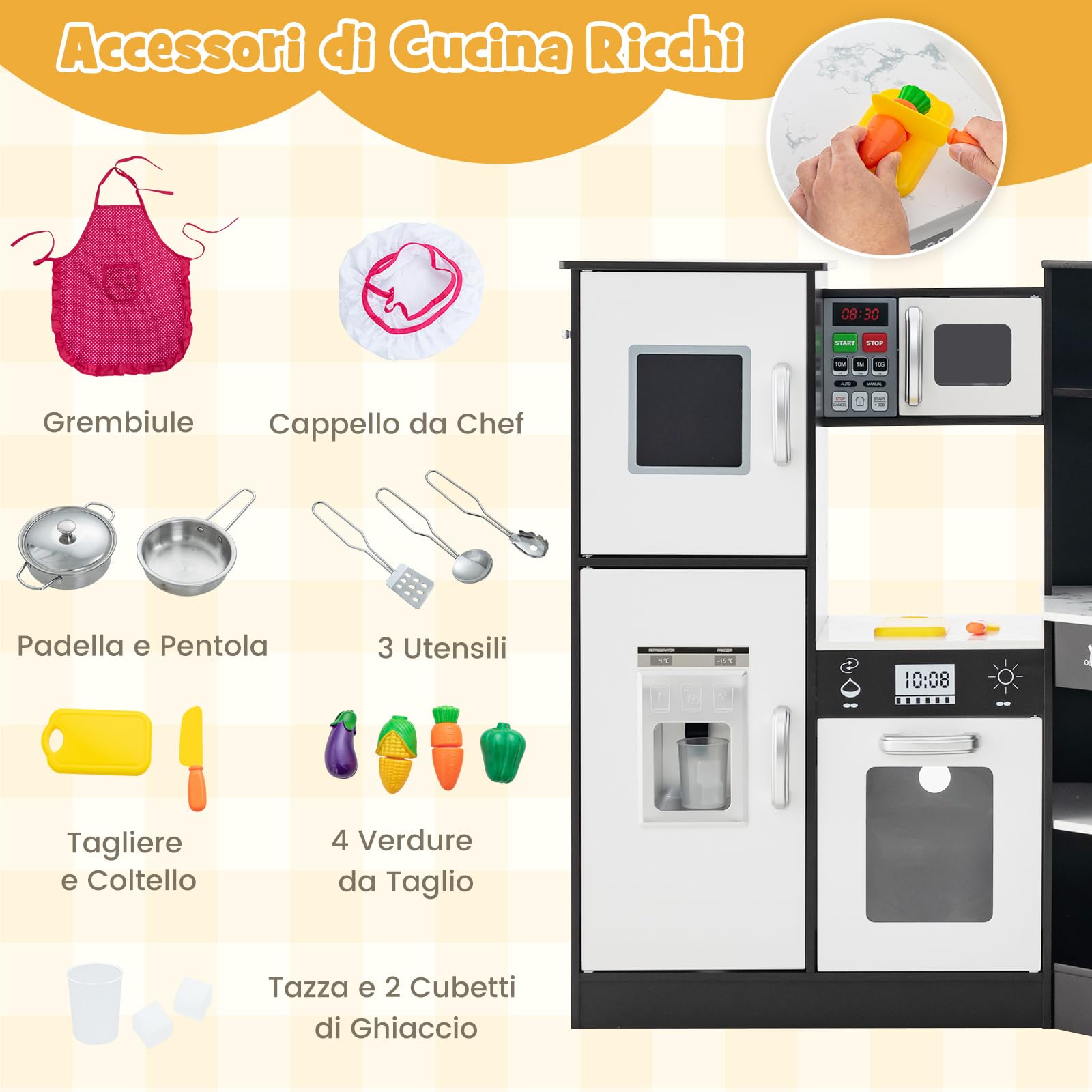 COSTWAY Set di Cucina Giocattolo per Bambini, con Suoni e Luci Divertenti, Lavabo, Forno a Microonde, Macchina del ghiaccio e Lavastoviglie, Lavagna, Ideale per Bambini 3 Anni+ (Caffè)
