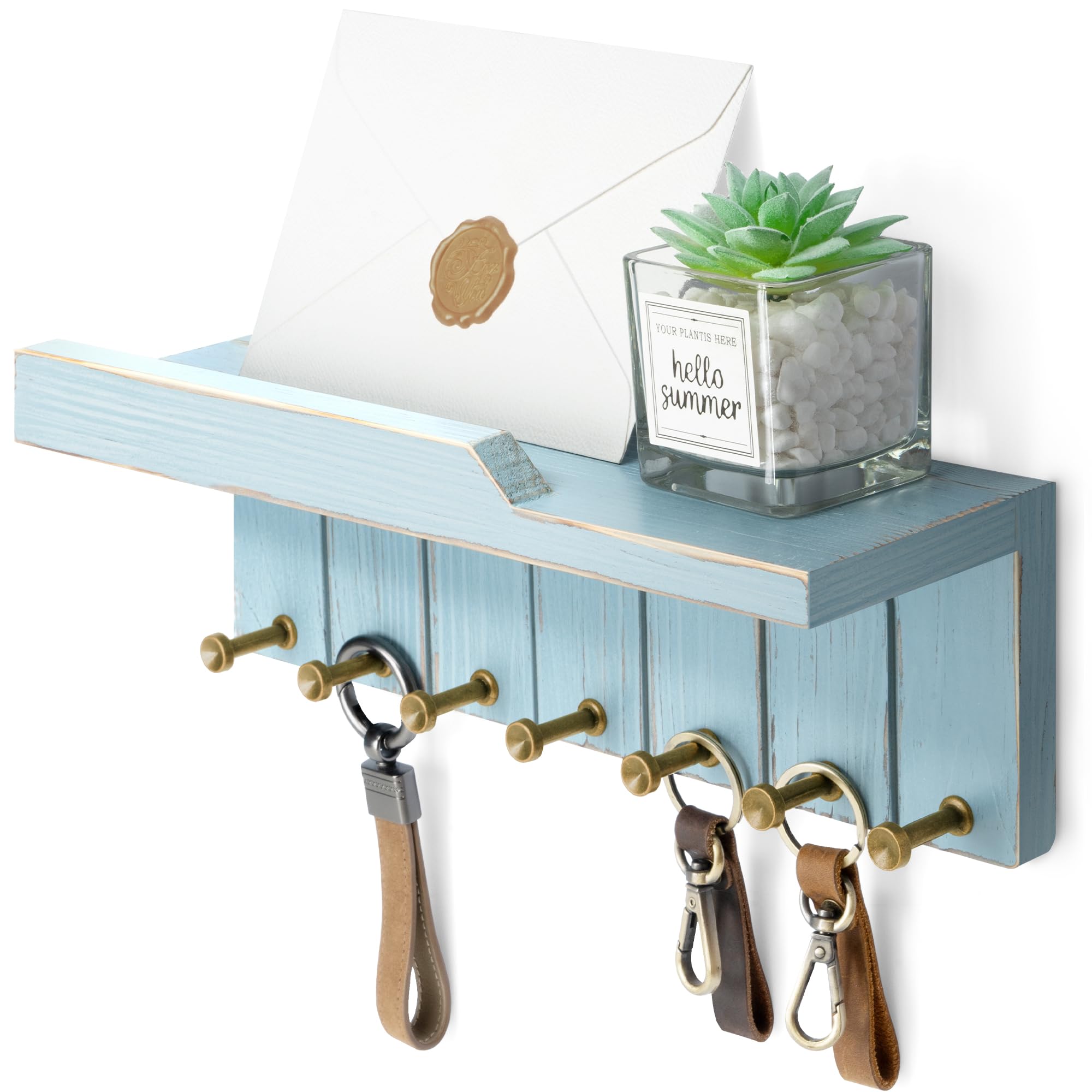 Rebee Vision Key Holder Wall Mount for Boho Decor - Key and Mail Holder for Wall with 7 Sturdy Key Hooks and Floating Shelf - Room Decor Aesthetic (