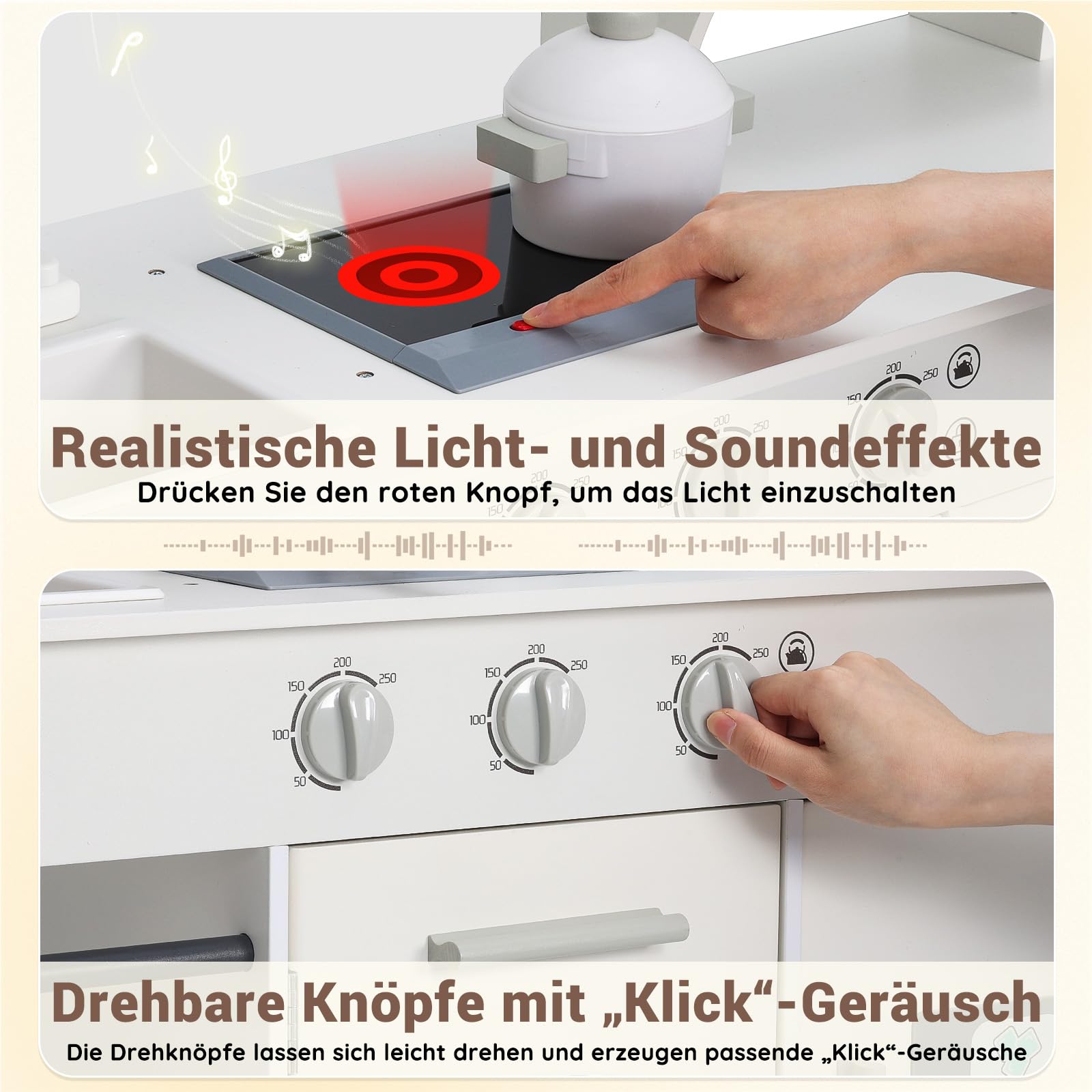 SainSmart Jr. Kinderküche Holz Spielküche für Kinder, Creme – mit Licht & Sound, Eiswürfelspender, Mikrowelle, Backofen & Spüle, große Kinder Küche mit Zubehör, Rollenspiel ab 3 Jahren
