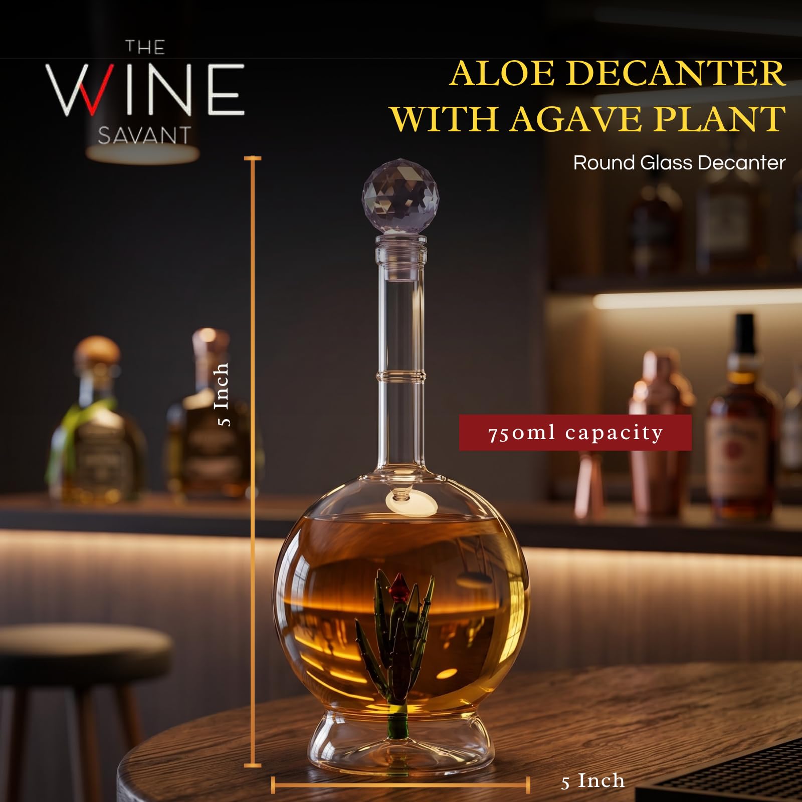 Carafe à décanter à l'aloe vera avec plante d'agave, design rond, carafe en verre parfaite pour bar ou fête à tequila, forme unique, cadeau pour lui, elle, décoration d'intérieur – Grande bouteille de