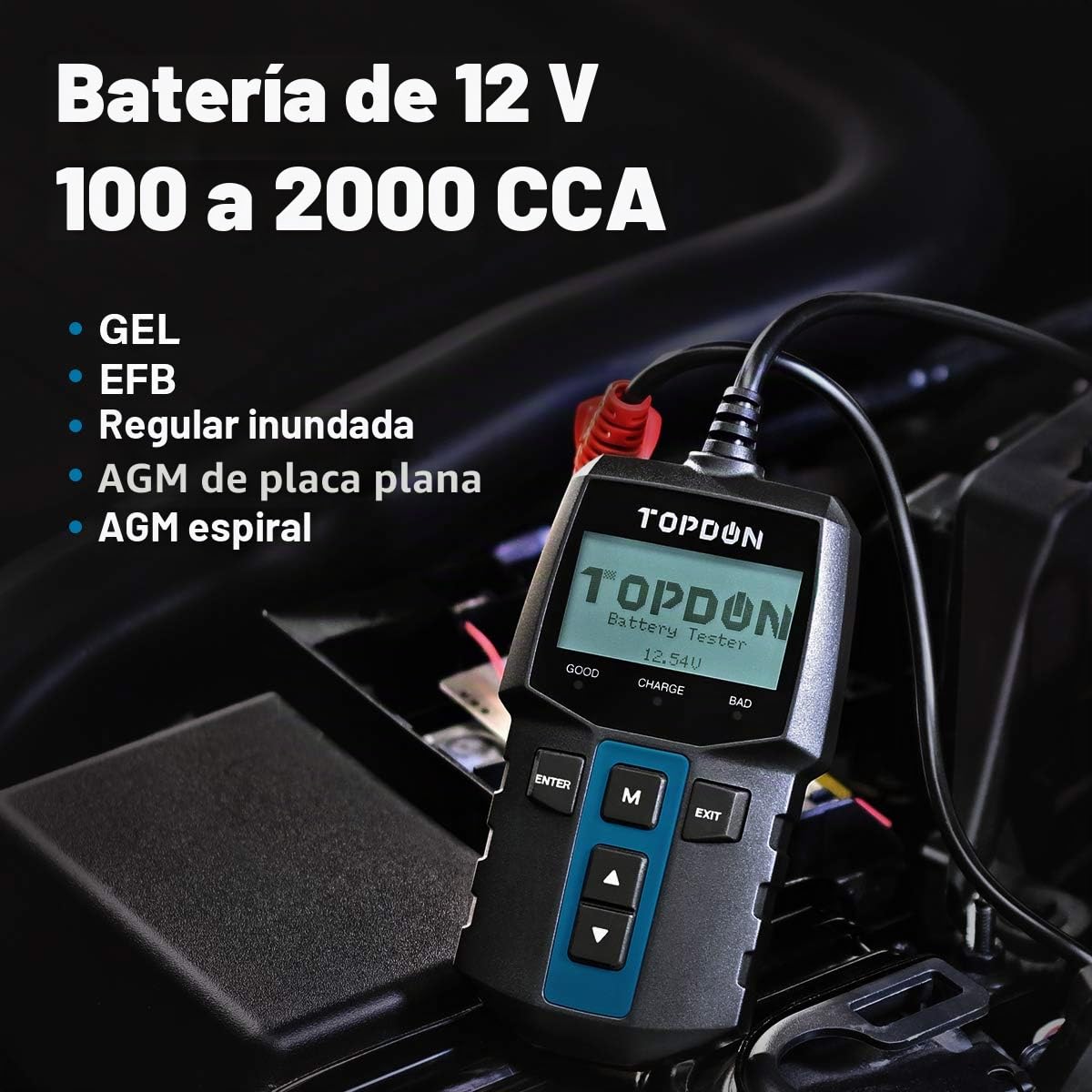 TOPDON BT100 Comprobador de Baterias de Coche 12V, 100-2000 CCA Probador de Batería Auto para Arranque y Sistema de Carga, Analizador de Batería Digital para Coche, Camión, Moto, ATV, SUV, Barco,Yate