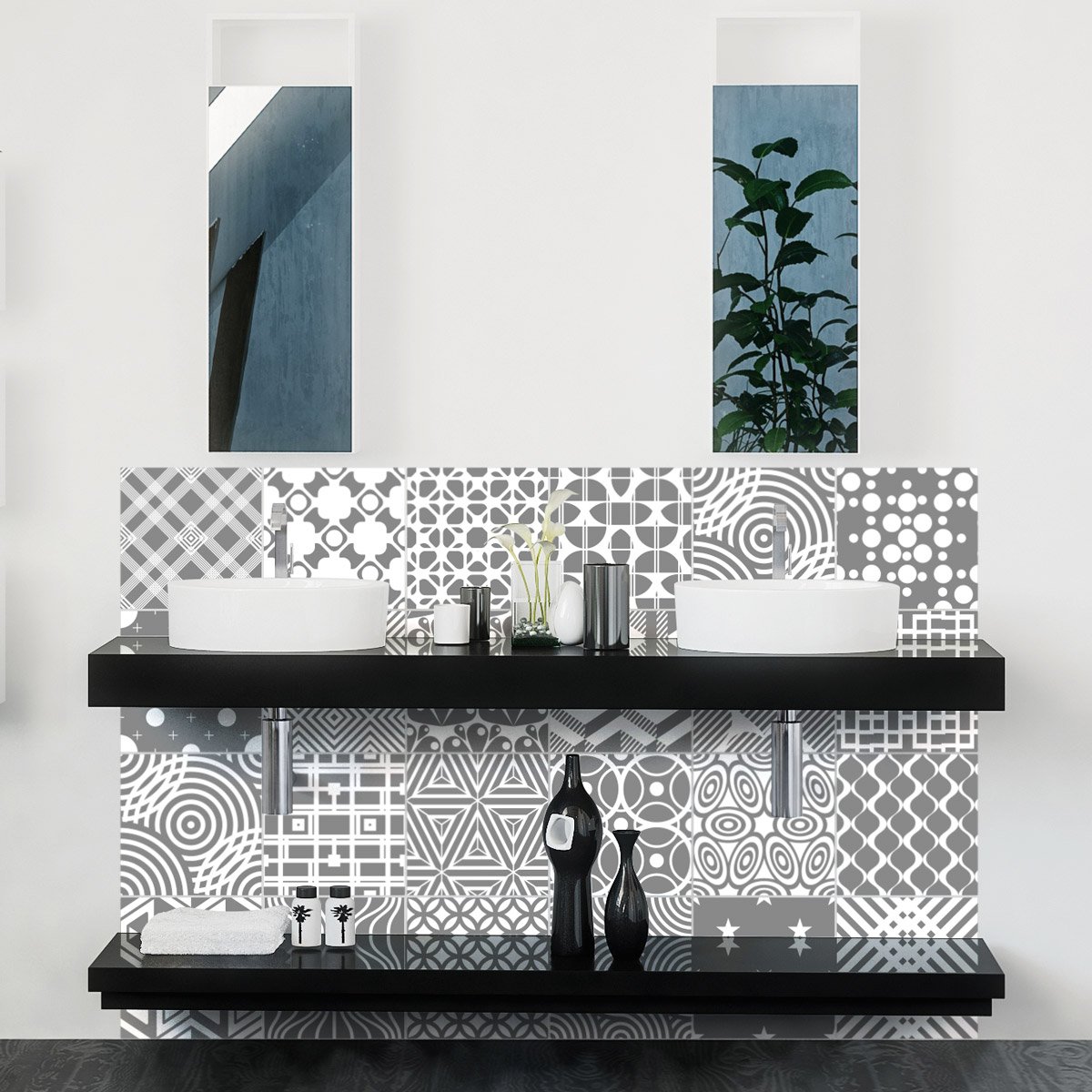 Ambiance Pack of 24 Tile Stickers| Self-adhesive decorative wall decal cement tile - Mosaic tile wall decal bathroom and kitchen | Cement Tile wall stickers - azulejos - 20 x 20 cm 24 pieces
