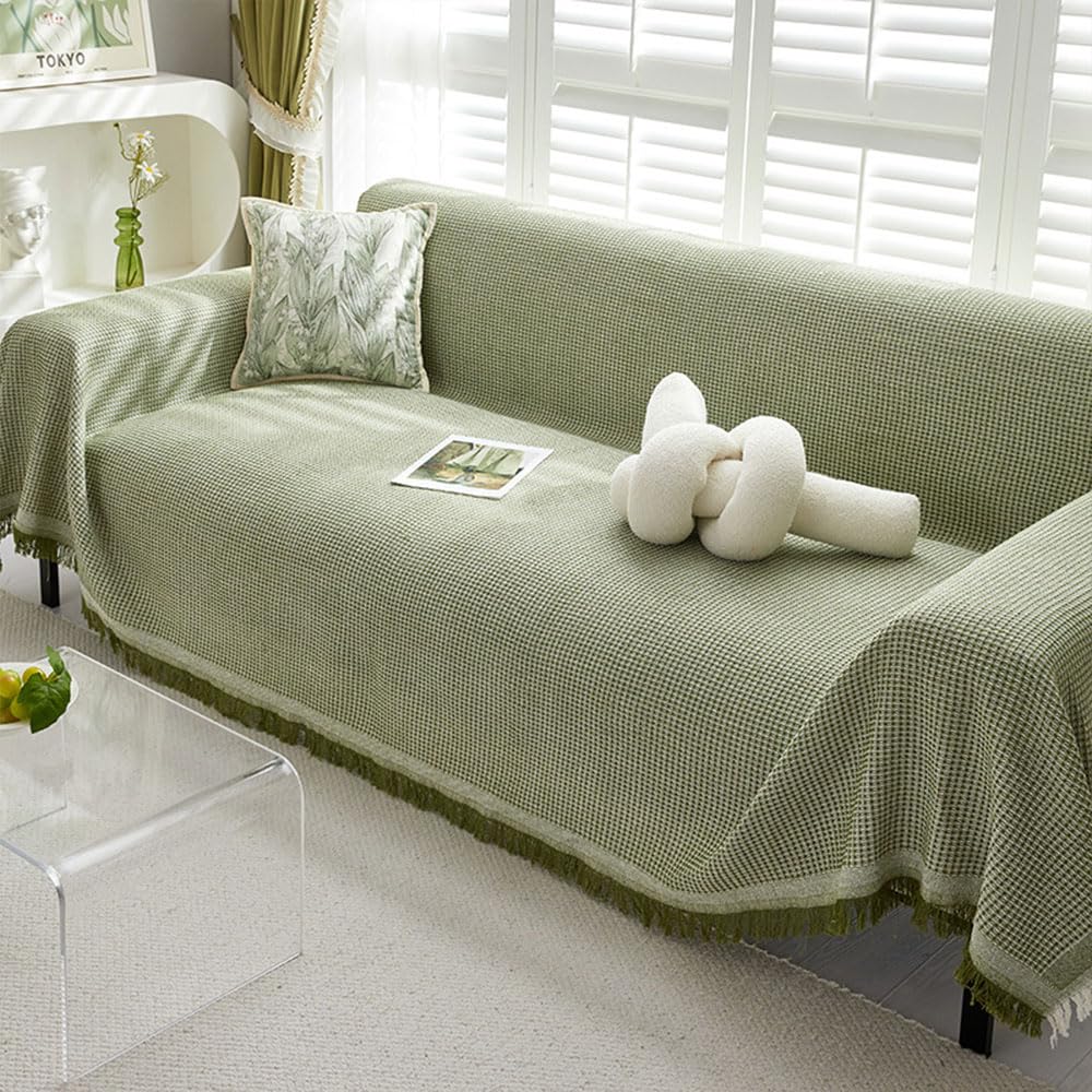 Highdi Sofa Throws Large, Nordic Style Extra Large Throws For Settees Versatile Woven Soft Throw Blanket with Tassels for Settees Couch Armchair Sofa Bed (180x300cm,Sage Green)