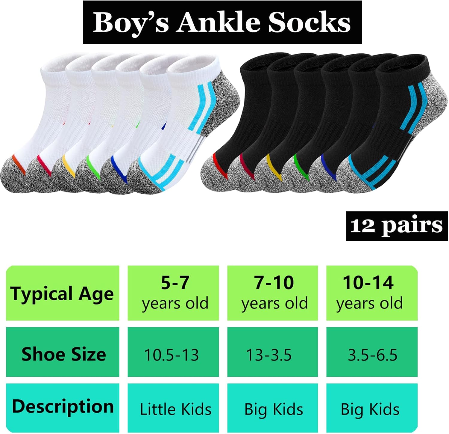 JAMEGIO Boys Socks 12 Pairs Ankle Socks Boys Athletic Running Low Cut Sports Sock for Kids 4-6 6-8 8-10 Years Old - Image 4