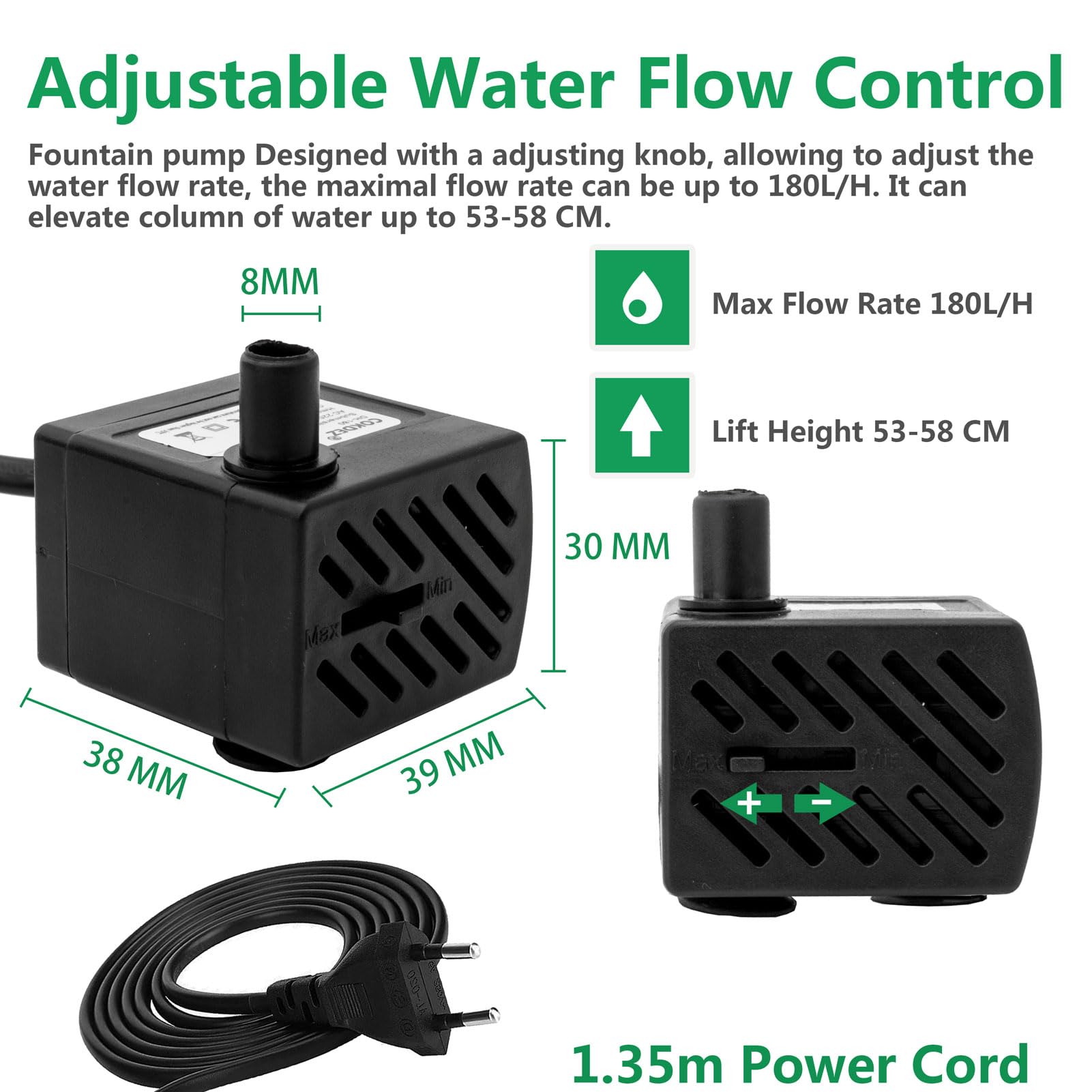 Mini bomba sumergible de 3 W, bomba de fuente pequeña de 180 L/H, bombas de agua extremadamente silenciosas para acuarios, fuentes de agua, peceras, mesa, fuentes para mascotas — view 4