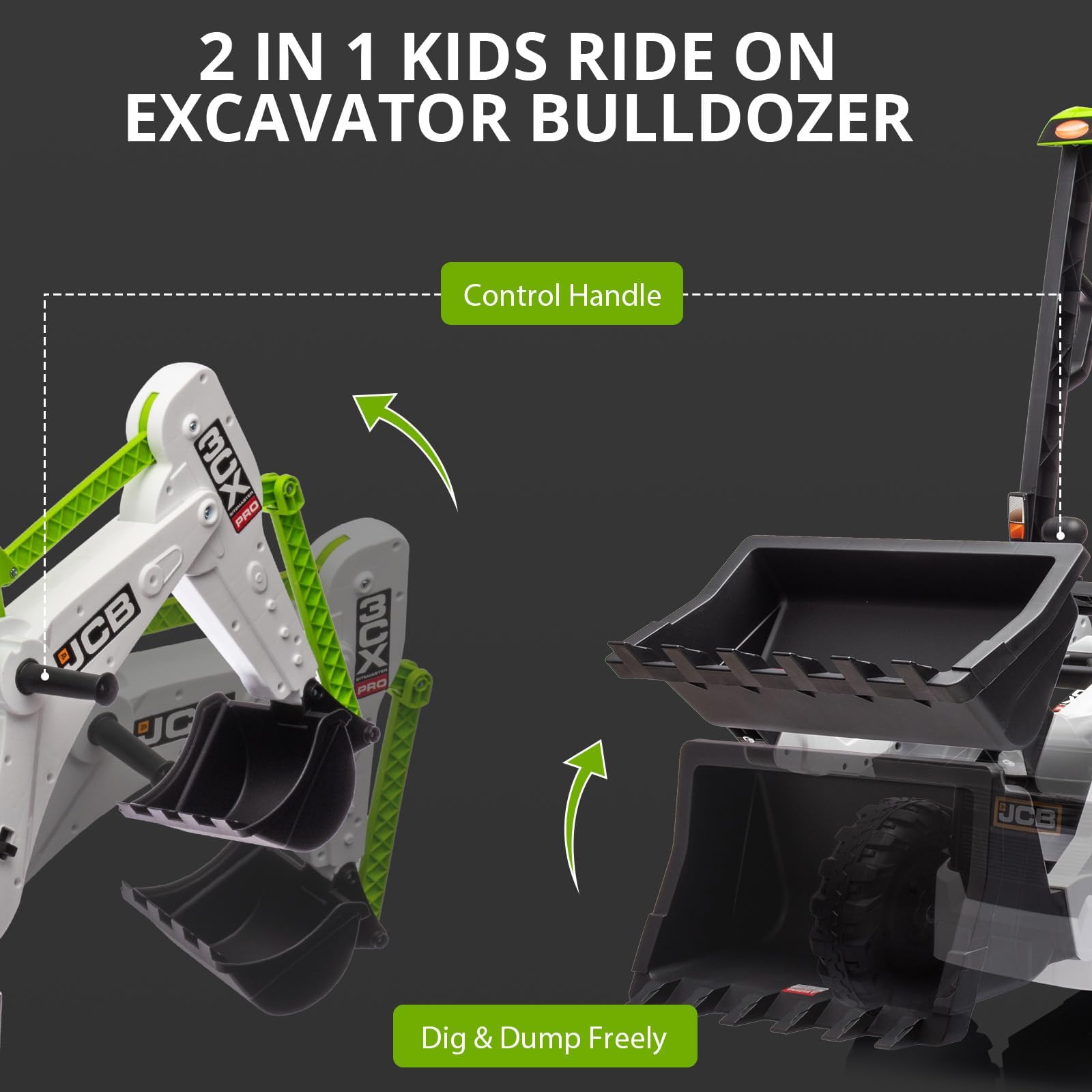 GarveeTech 4-in-1 Elektro-Kindertraktor mit Fernbedienung – 12V Baufahrzeug Spielzeug – Frontlader, Bagger, Hupe, robuste Eva-Räder – multifunktional – Farbe: Weiß und Grün