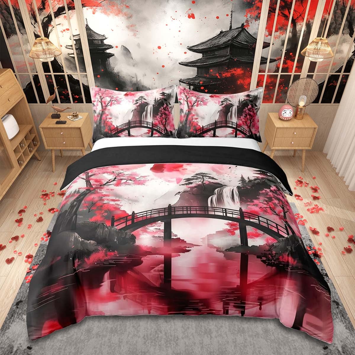 Homemissing Japanese Anime Kids Bedding Set,Boys Girls Single Size,Japan Cherry Blossom Floral Mountain Sun Asian Oriental Duvet Cover,Abstract Ink Art Comforter Cover,Cool Watercolor โ image 1
