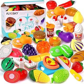 FLY2SKY 60 Pcs Play Food Toys for Kids Kitchen Pretend Play Accessories Cutting Toys Fruits Food Cake Play Set Christmas Birthday Gifts for Girls Boys Toddlers Learning Toys with Storage Bag