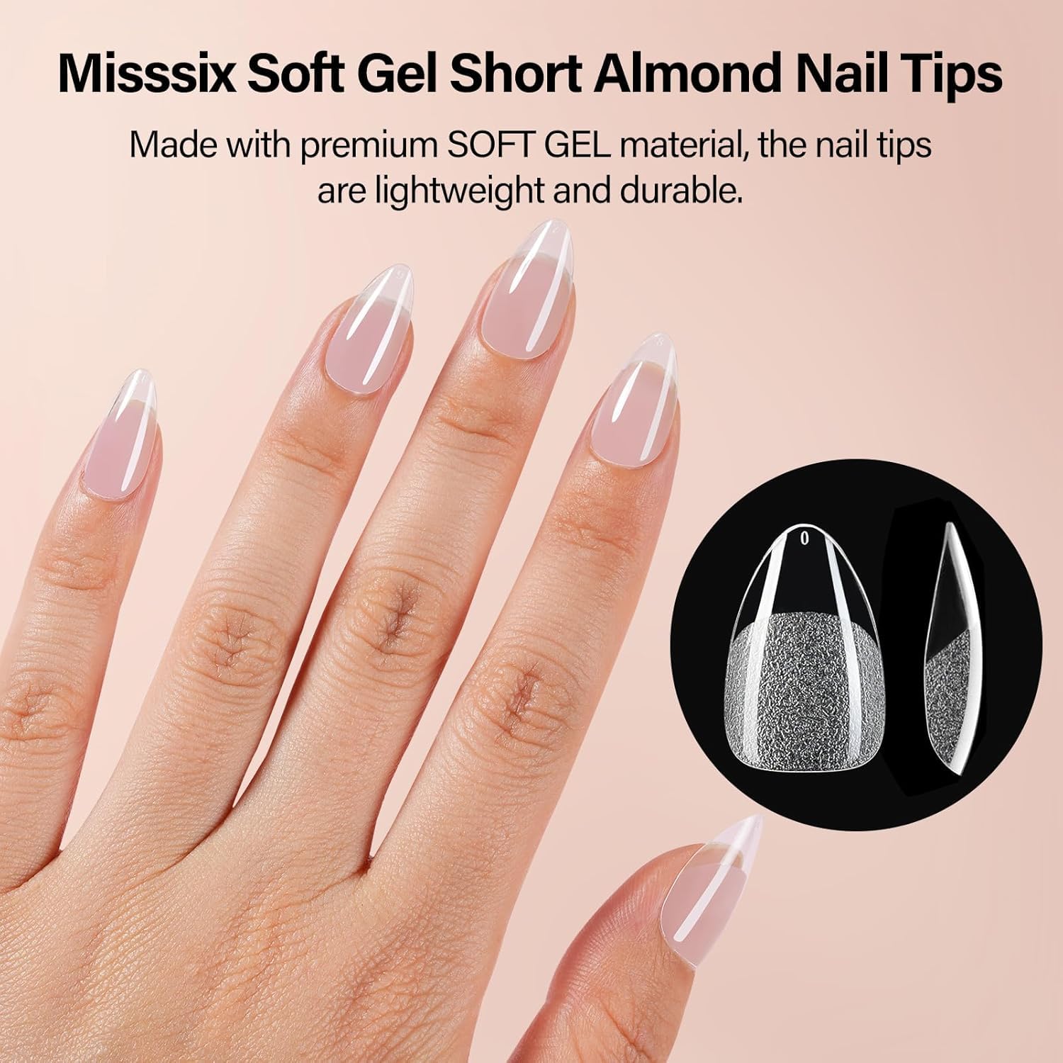 Misssix Short Almond Gel x Nail Tips Kit, 504Pcs Pre Etched Clear Fake Nails, Full Cover False Nail with Gel Glue, Dehydrator, Primer, Base and Top Coat and Portable Mini U V Nail Lamp for Women