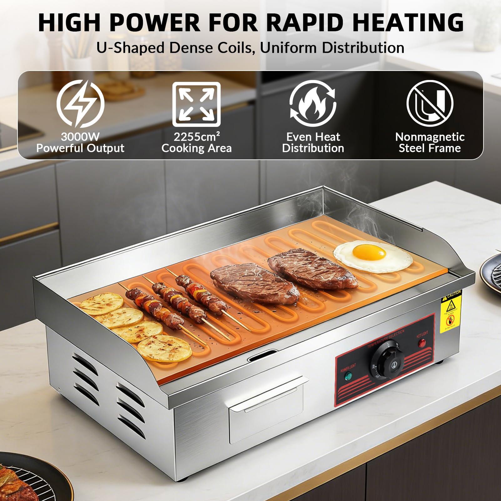 Plaque de cuisson électrique professionnelle 3000 W, 55 x 41 cm | Acier inoxydable, Surface de cuisson plate, Température 50-300 °C, Usage commercial