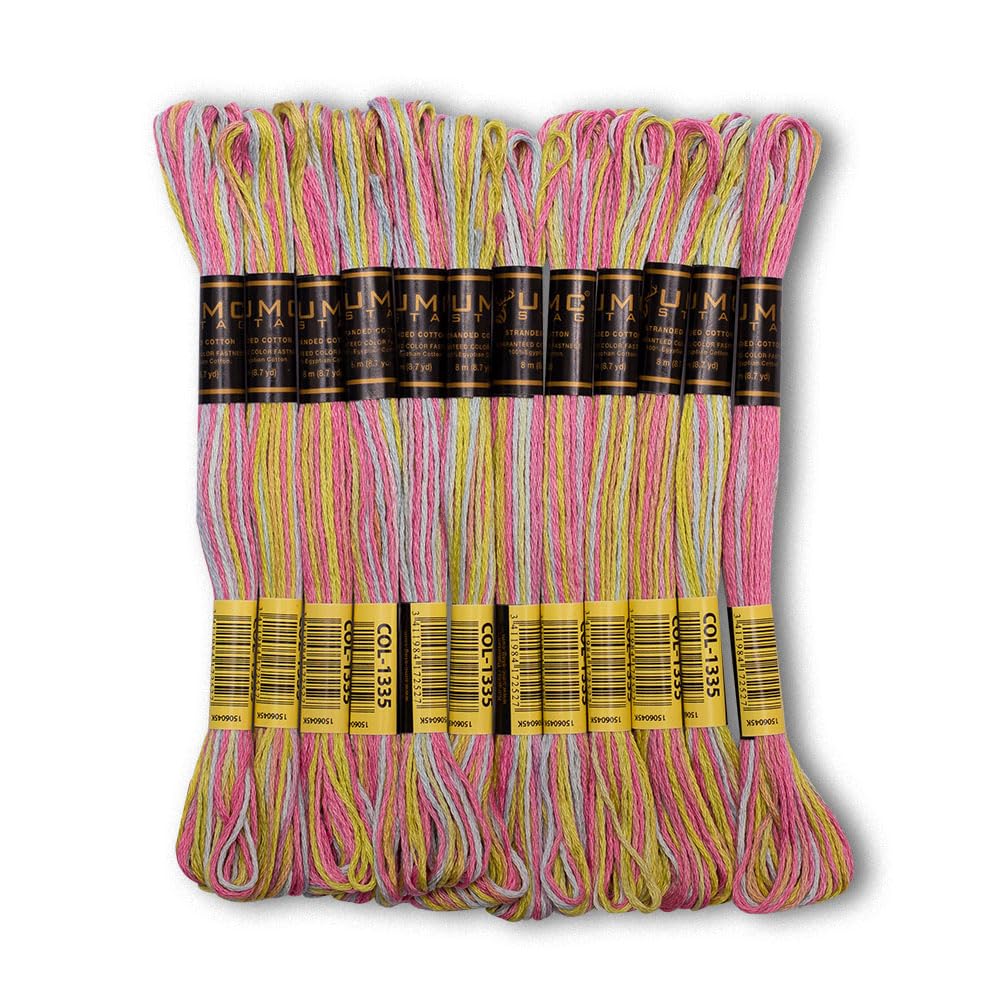 Pack of 12 Premium Embroidery Thread | 100% Egyptian Cotton Premium Skeins | Cross Stitch Embroidery Floss | Oeko TEX Certified | Ideal for Arts &amp; Crafts (Pastel Rainbow Variegated 1335)