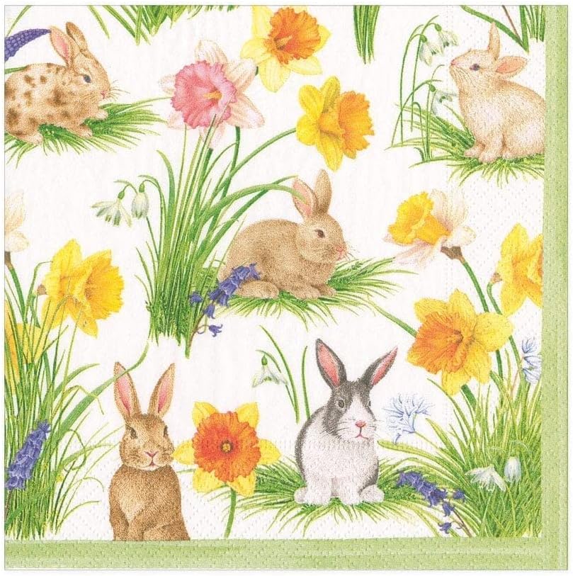 Caspari Bunnies and Daffodils Paper Cocktail Napkins, 20 Per Package