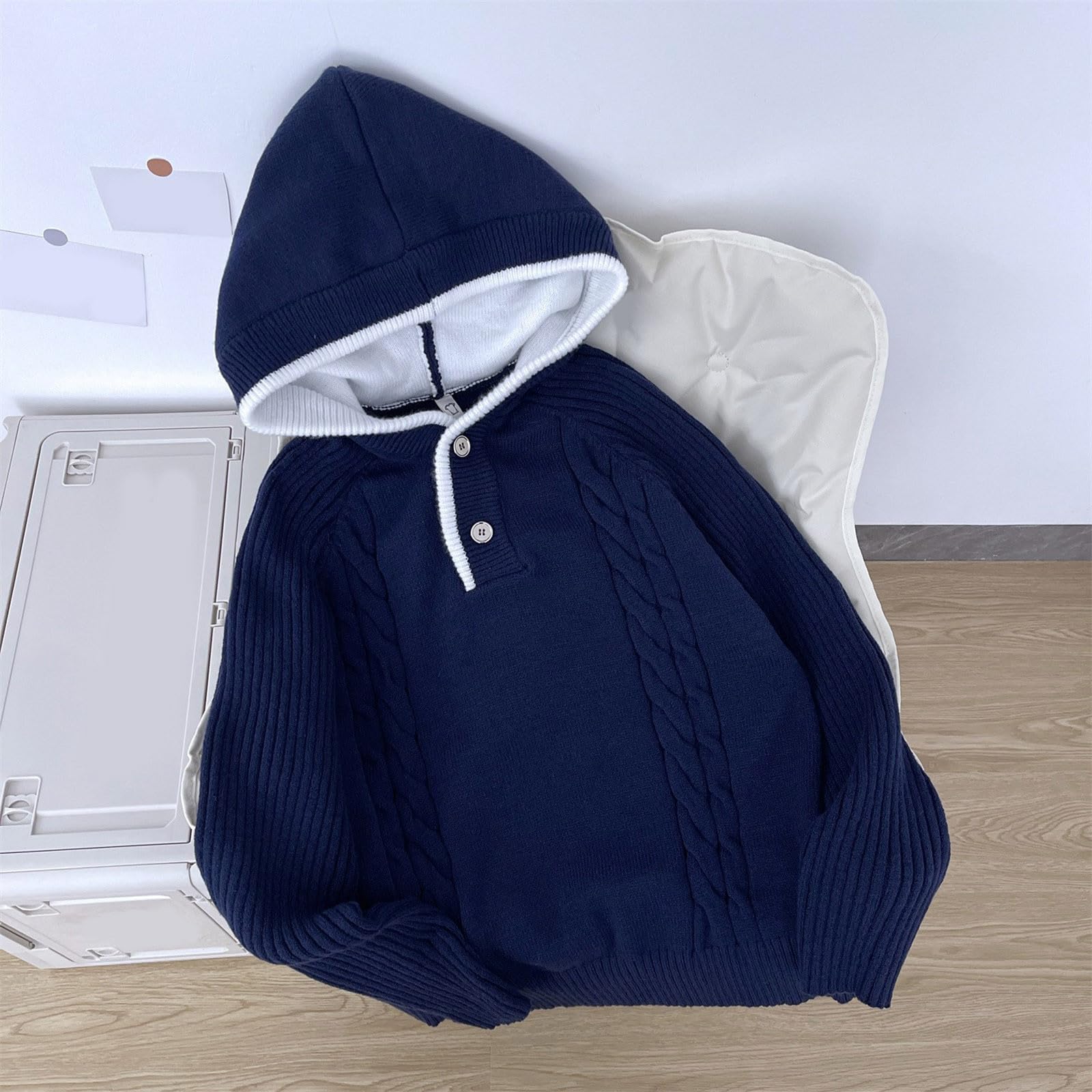 Maglione Uomo Invernale Lana Con Cappuccio Bottoni A Treccia Oversize