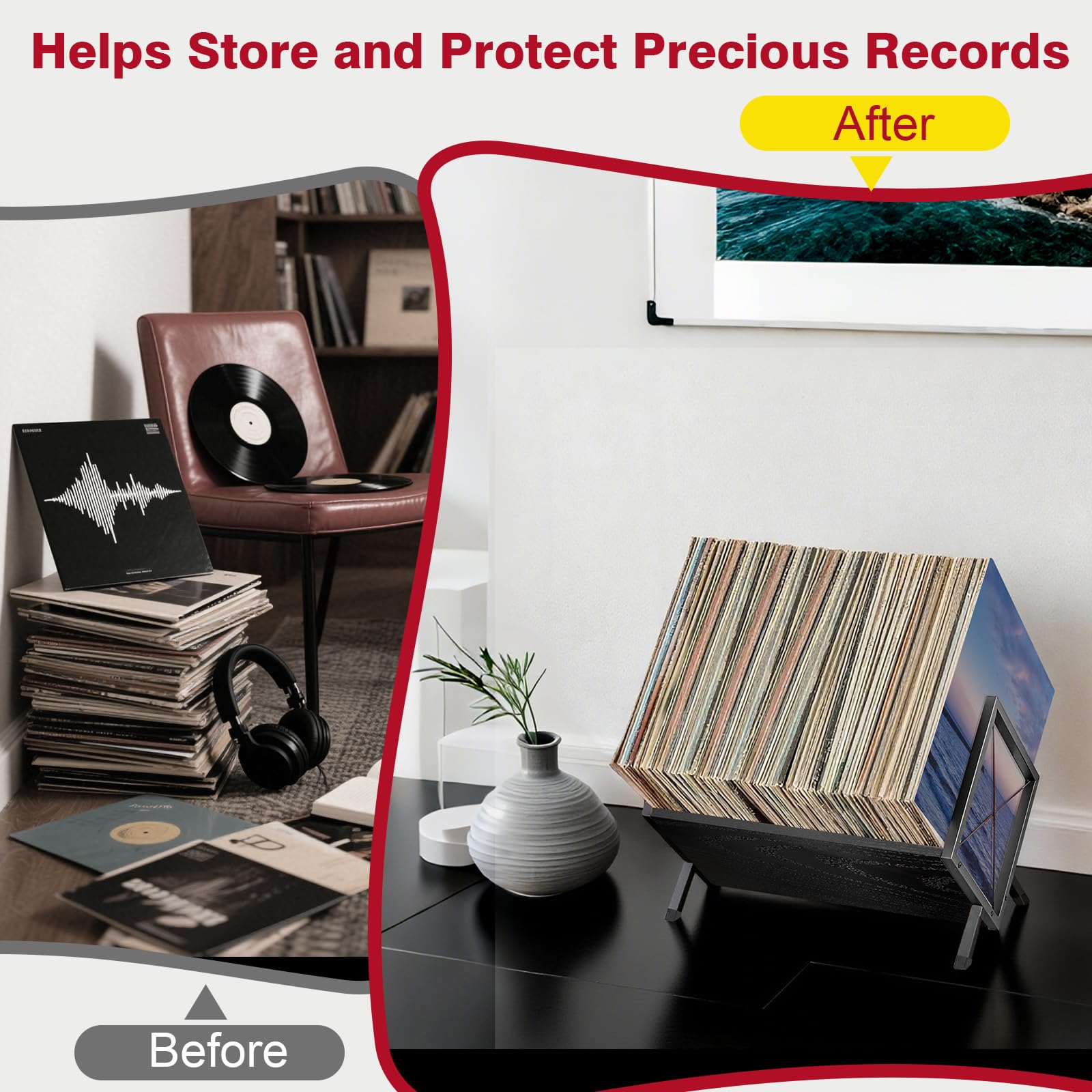 porta vinili per 100 dischi in vinile, porta cd da tavolo di legno, stile retrò organizzatore per la tua raccolta, nero