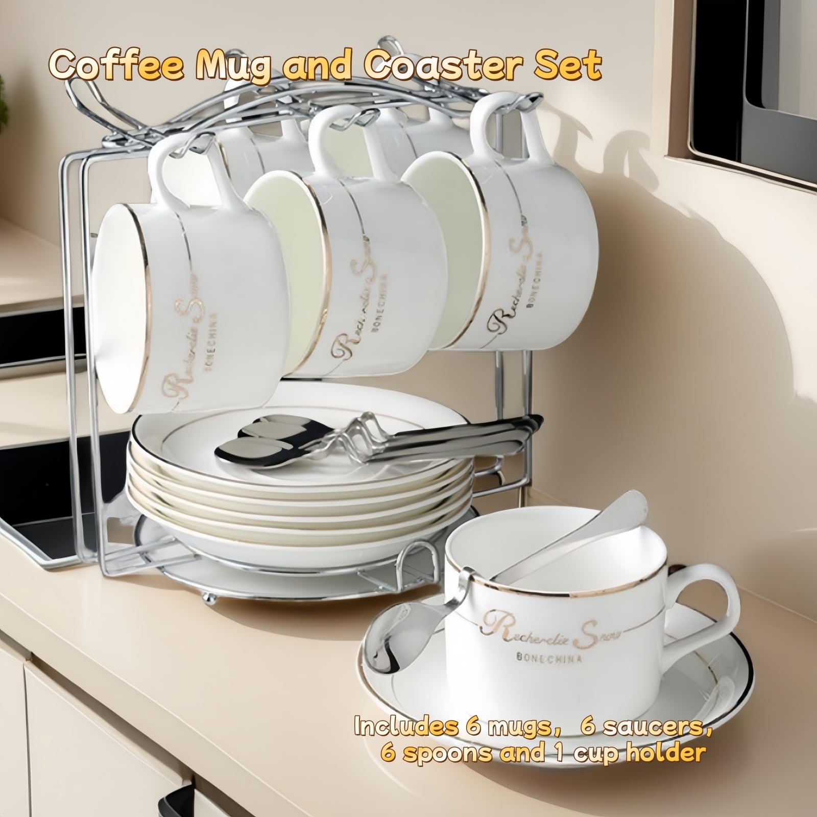Zestaw filiżanek do cappuccino, 6 filiżanek i spodków (150 ml), luksusowy zestaw filiżanek do herbaty, filiżanki do kawy z uchwytem, brytyjska porcelana królewska (złota róża)