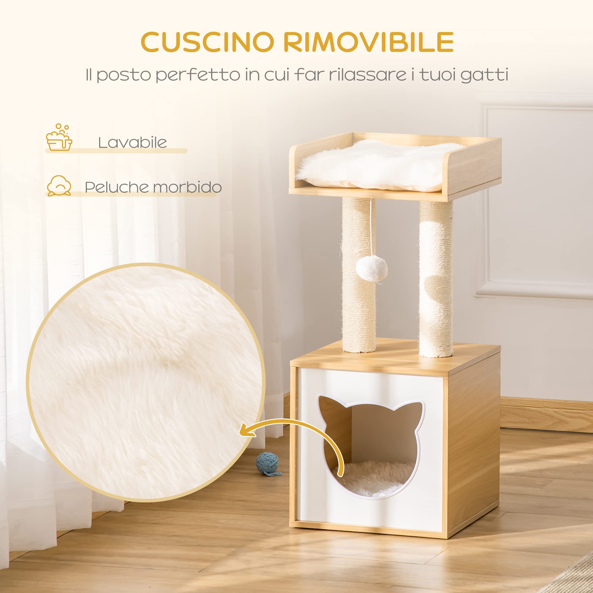 PawHut Casetta per Gatti con Pali Tiragraffi in Sisal, Cuccia e Lettino con Cuscini Lavabili e Pallina, 35x35x81cm, Rovere