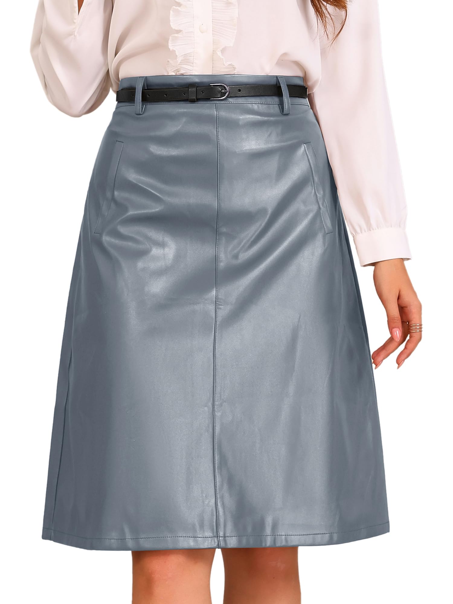 Allegra K Faux Leather Skirts for Women A-Line High Waist Belted PU Midi Skirt 2025 Fall Outfits