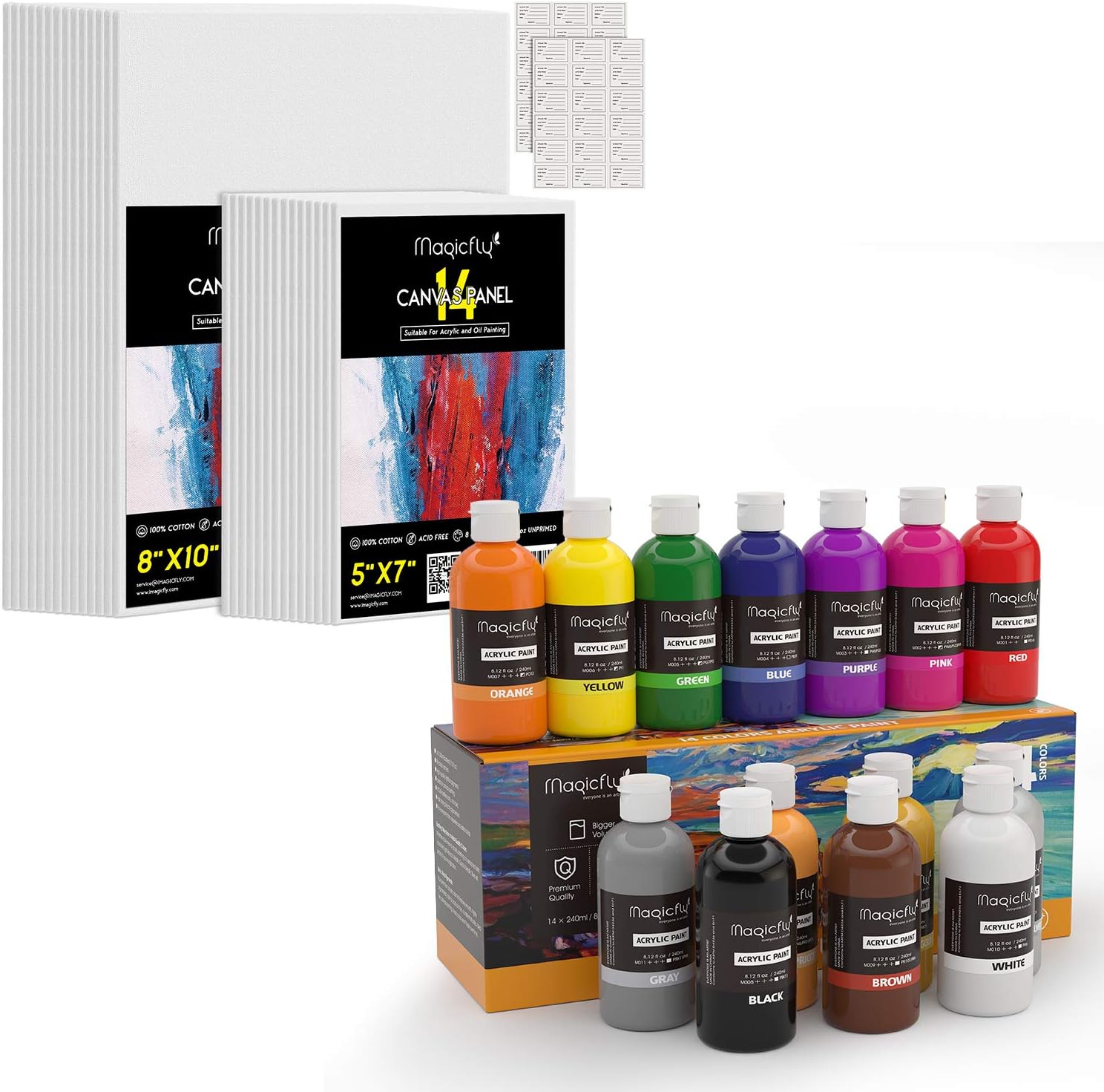 Magicfly Bulk Acrylic Paint Set, 14 Rich Pigments Colors Painting Canvas Panels 2 Sizes