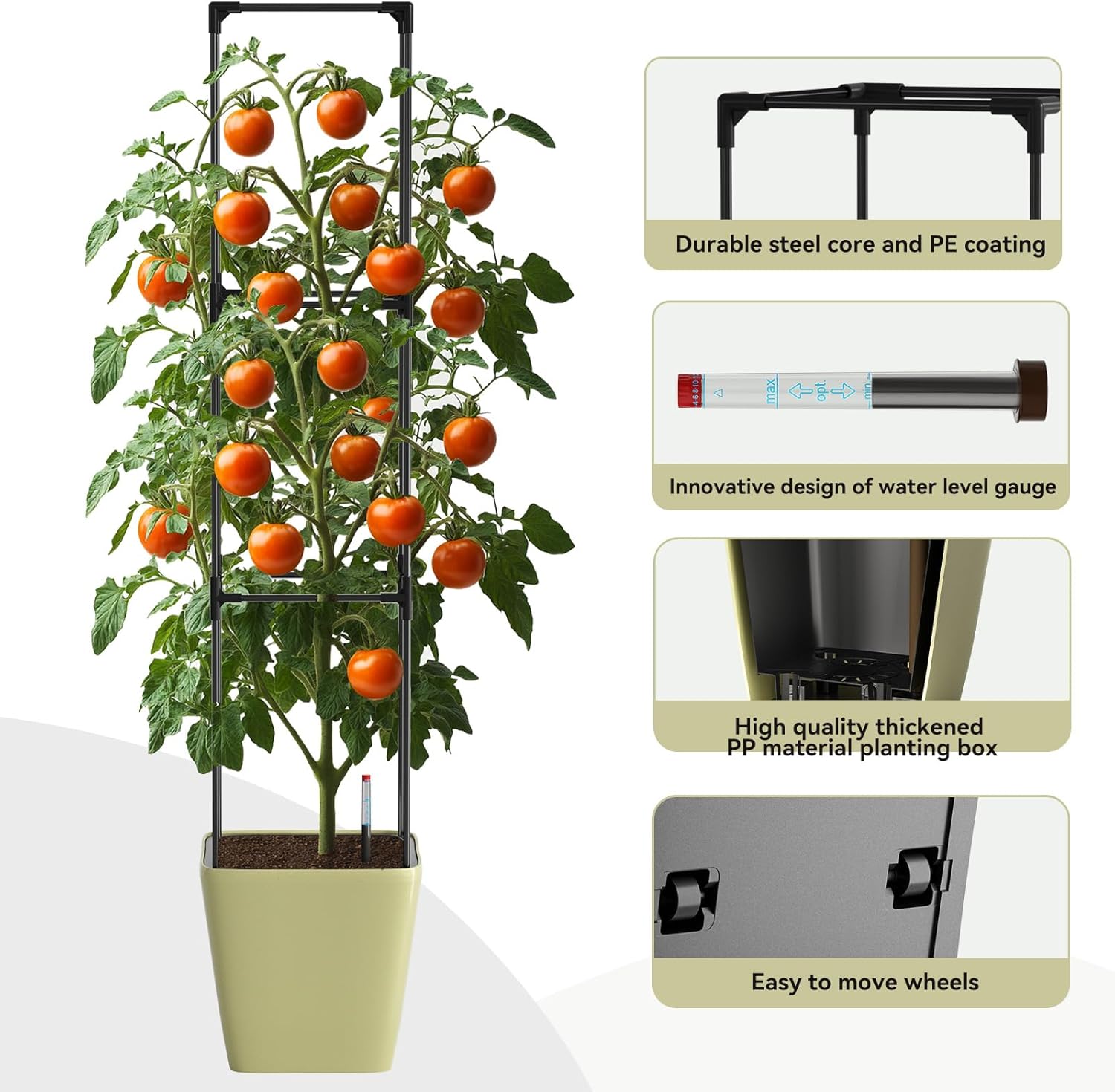 SUNYRISY Self Watering Planter Box with Plant Cage, Raised Garden Bed with Wheels and Tomato Cage for Climbing Plants Vegetable Vine Flowers Outdoor Patio