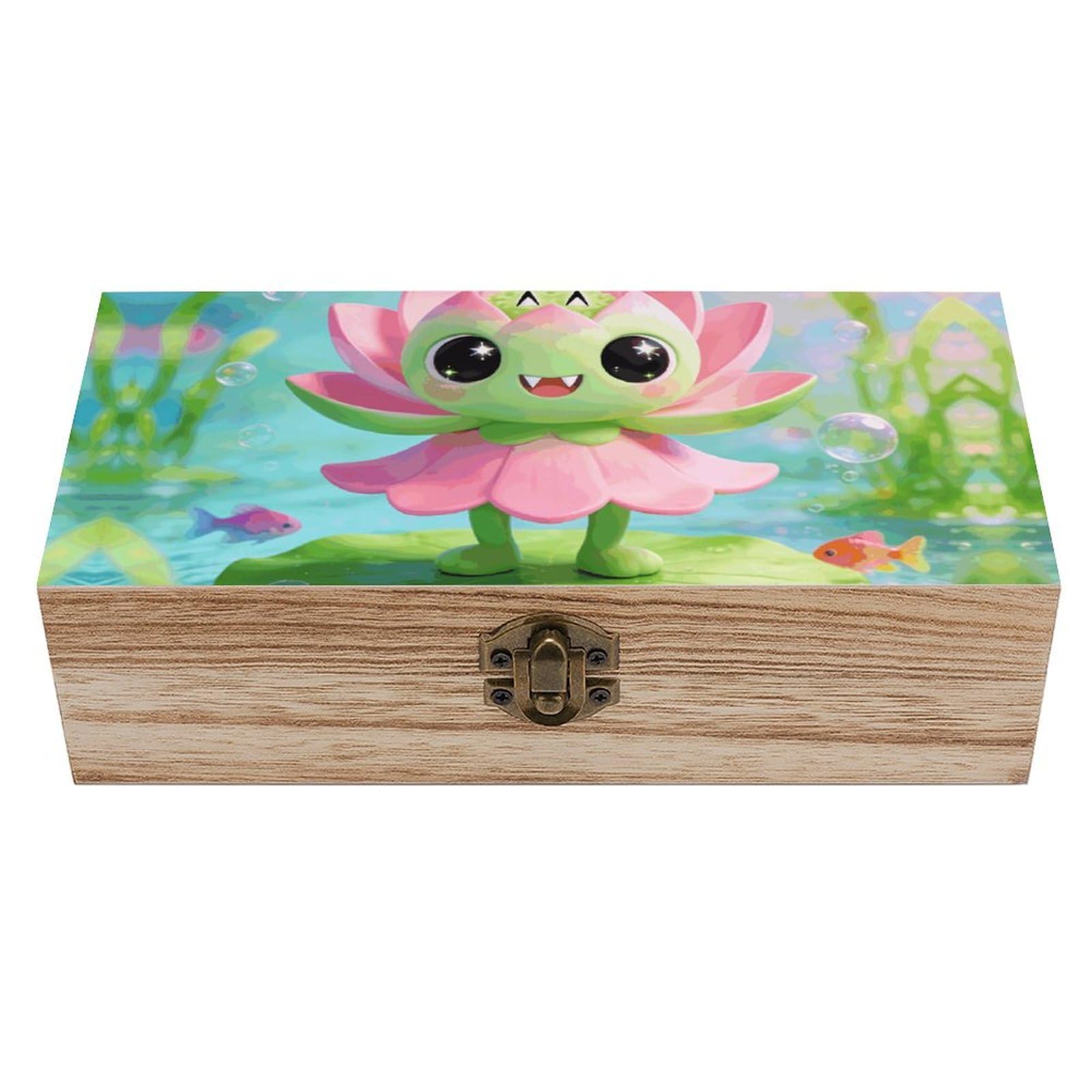 LZQPOEAS Green Pink Lotus Wooden Storage Box Small Decorative Box with Hinged Lid Handmade Elegant Keepsake Storage Box for Jewelry, Photos, Trinkets, Letter Gifts, Small Heirlooms