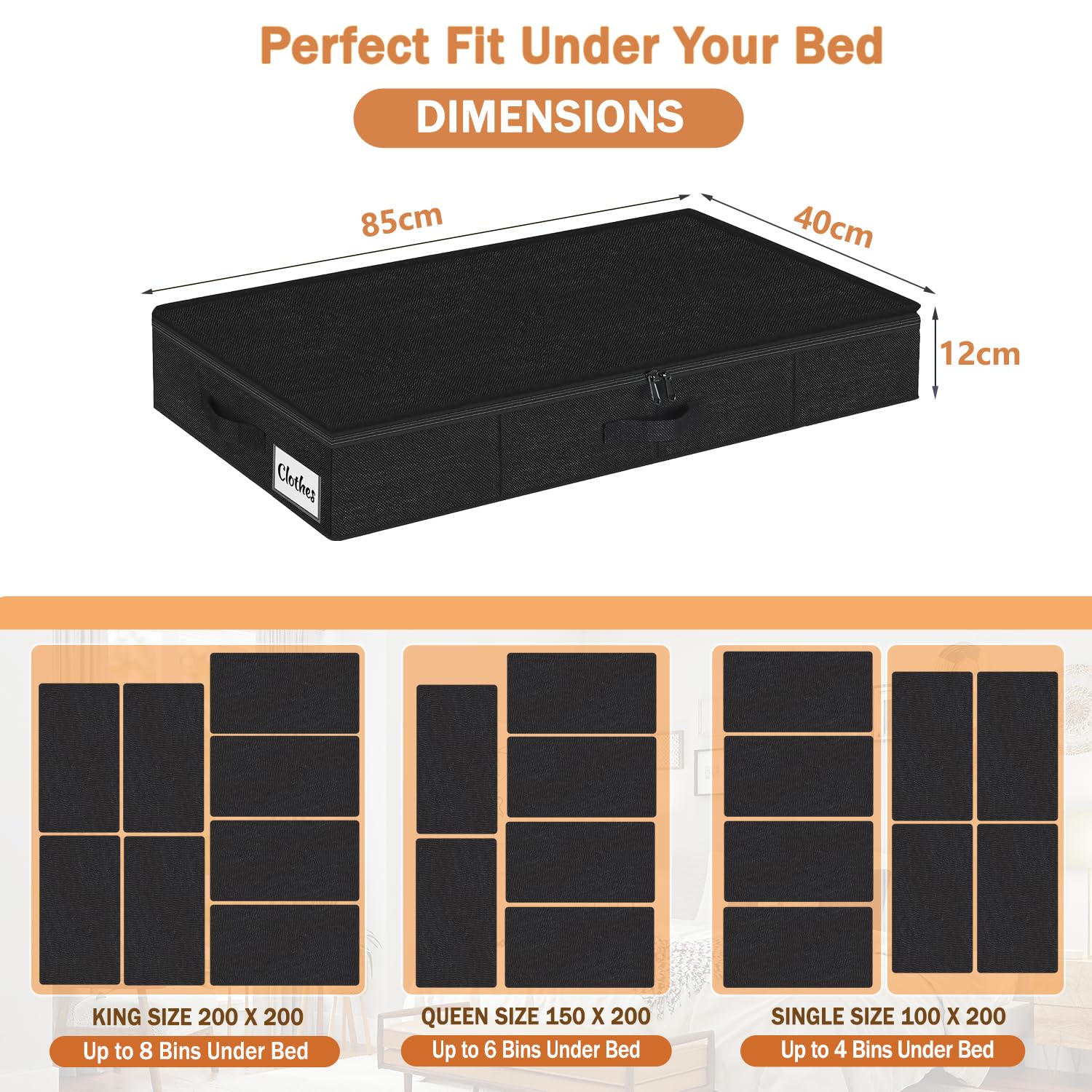 Contenitore Sottoletto con Coperchio con Cerniera 12 cm, 40L Scatola Portaoggetti Sotto il Letto e Divano Slim con Lati e Base Rinforzati, Pieghevole in Tessuto Impermeabile per Vestiti, 2 Pezzi Nero
