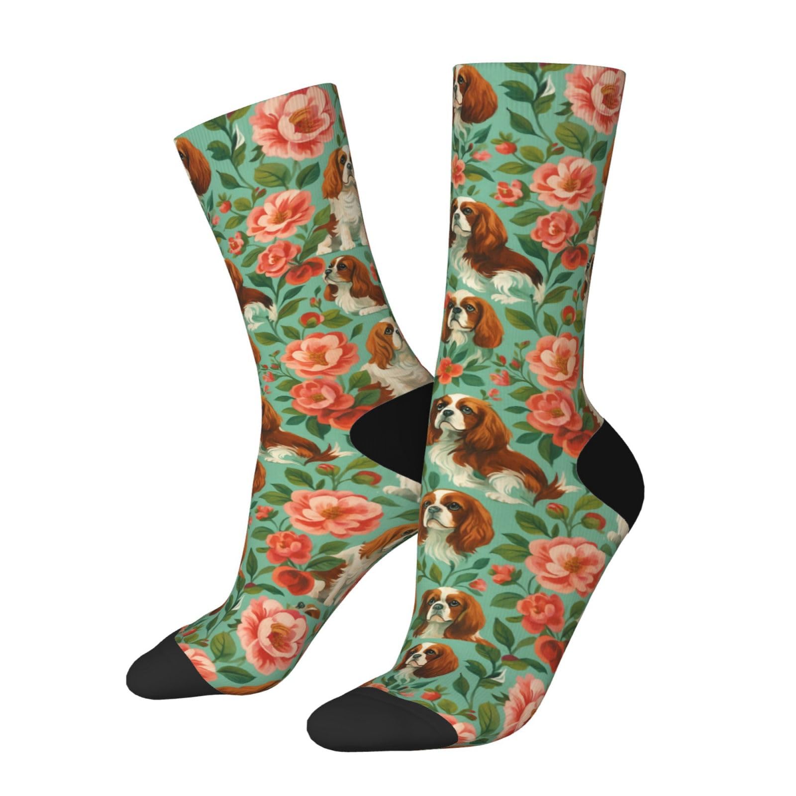 Waficac Unisex Cavalier King Charles Spaniel & Blooming Flowers Novelty Funny Crew Socks Casual Crazy Design Sock For Men Women