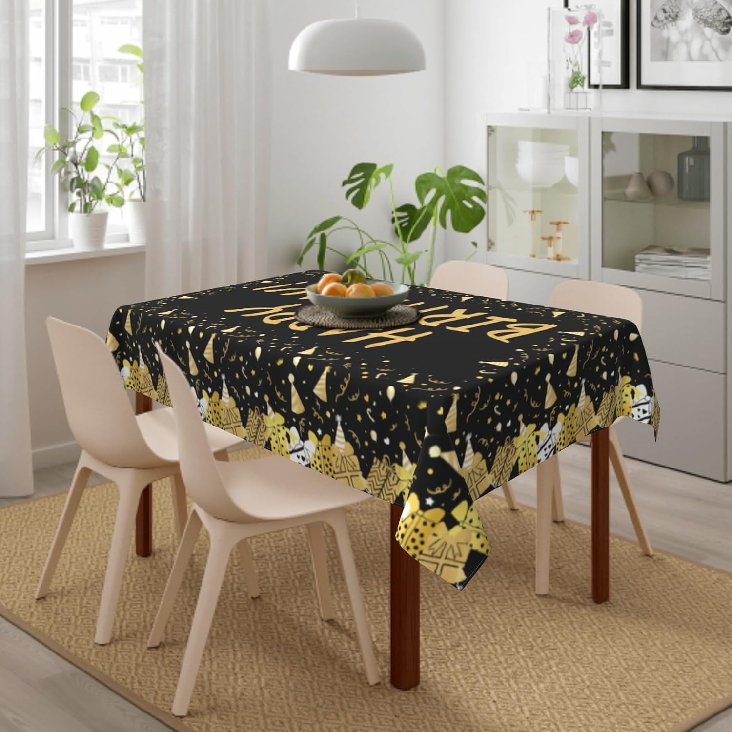 Birthday Tablecloth Rectangle 60x84 Inch Black Gold Gift Box Ribbon Print Happy Birthday Themed Decorative Table Cloth Seasonal Festive Rustic Farmhouse for Indoor Party Kitchen Dinner Picnic Decor image 3