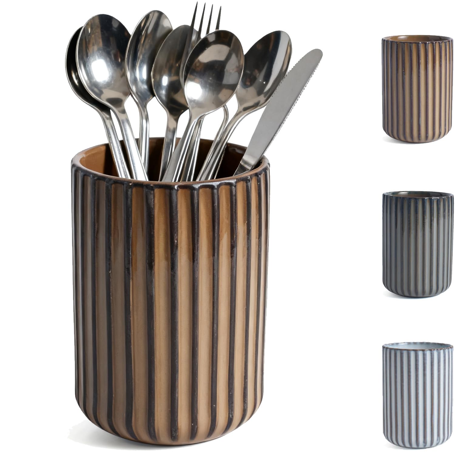 DBZQSCW Stoneware Coffee Bar Utensil Holder, Coffee Spoon Tea Spoons Stirrer Holder for Stir Stick Straw Teaspoon Holder Spoon Cup Small Utensil Jar Fluted Stripe Outer(Brown)