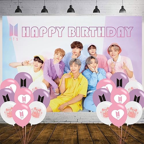 Las decoraciones BTS Bangtan para niños incluyen globos de fondo, fondo de fotos de fiesta BTS de 5 x 3 pies y 18 globos BTS