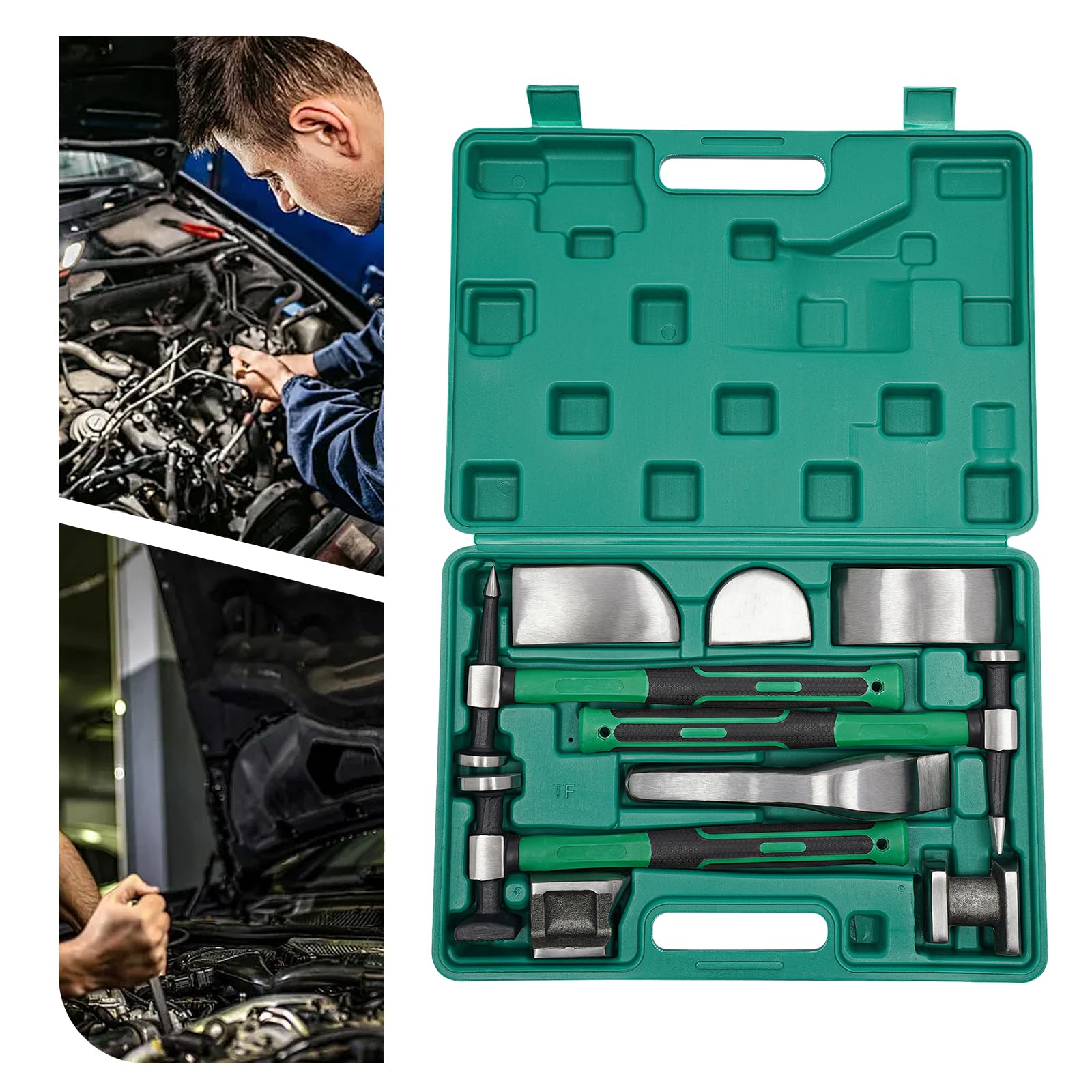 PROYONGOO 9 PCS Auto Body Repair Tools, Dent Repair Tools Metal Hammer and Dolly Set with Carrying Case, Portable Auto Body Hammer Body Hammer and Dolly Set for Auto/Mechanical Repair