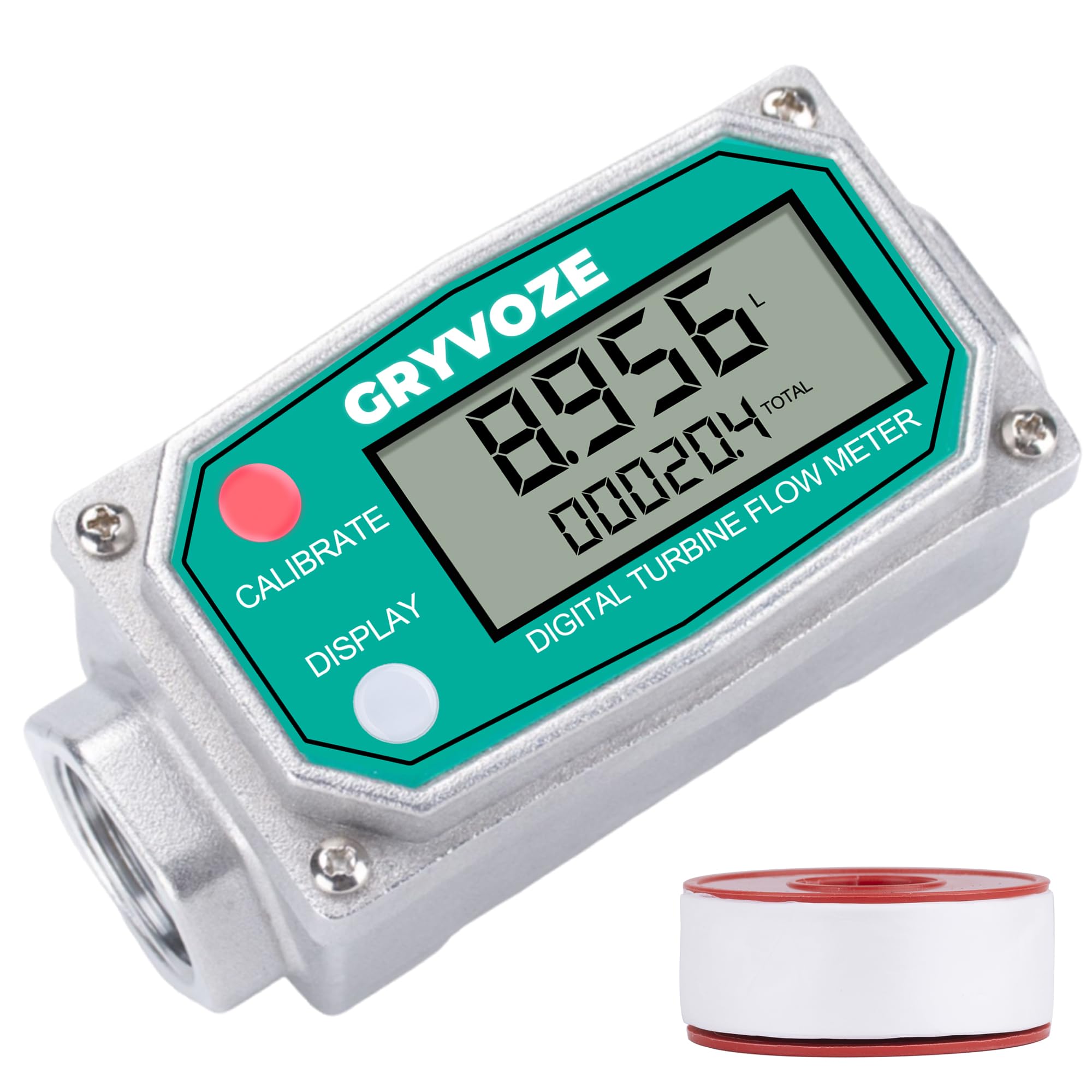 GRYVOZE 3/4 Inch Water & Fuel Flow Meter with PTFE Tape, for 0.8-13.2 GPM Inline NPT Thread ±1% Accuracy Flowmeter for Diesel, Gas Oil, Gasoline, and