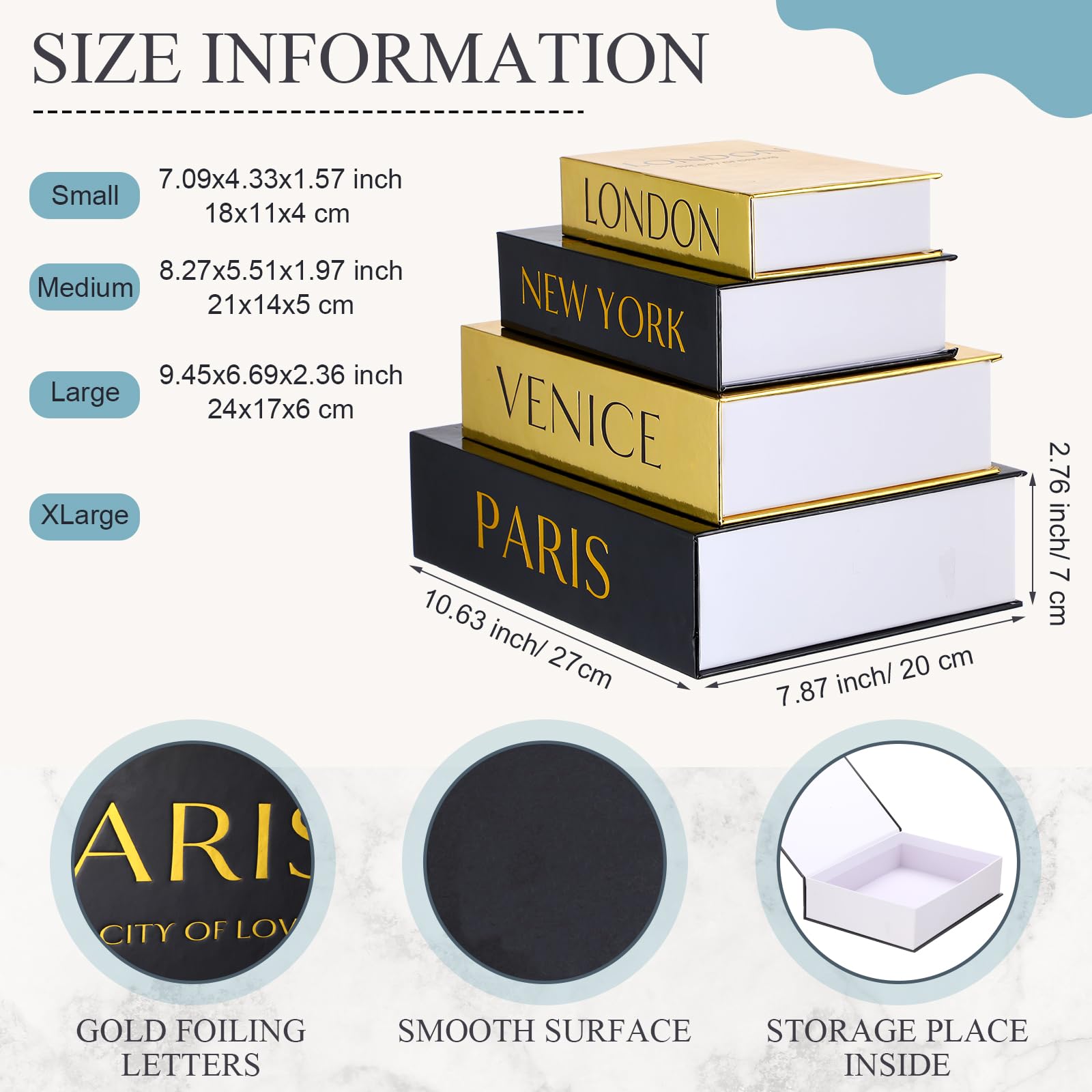 Sabary Set of 4 Decorative Books Boxes Faux Books Stacked for Coffee Tables Modern Home Bookshelves DIY Crafts Decor(Modern Style,Black and Gold)