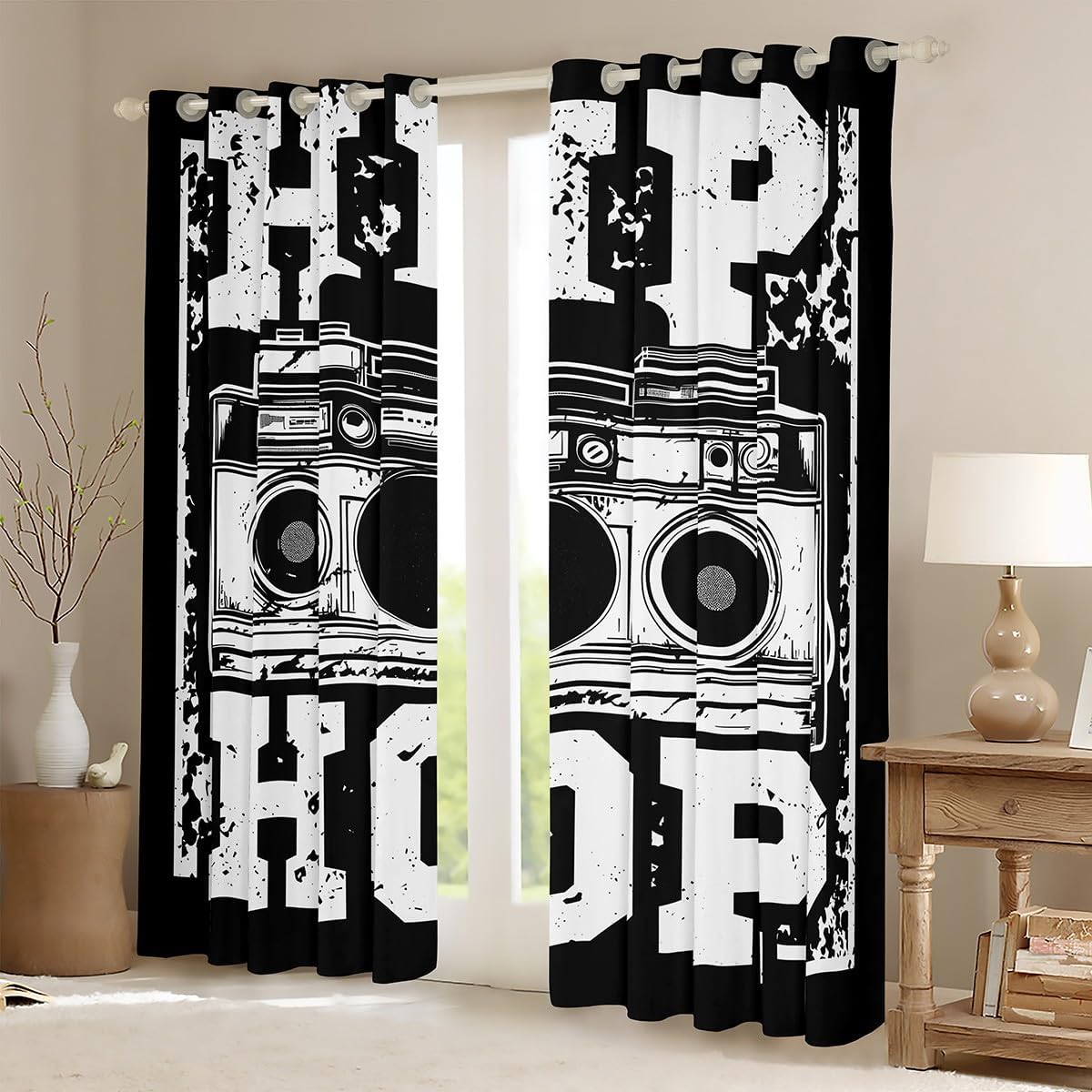 Feelyou Hip Hop Style Curtains for Bedroom Living Room Street Culture Window Curtains Panels Kids Music Themed Blackout Drapes Youth Black White Graffiti Pattern Window Treatments Decor 84" X 63"