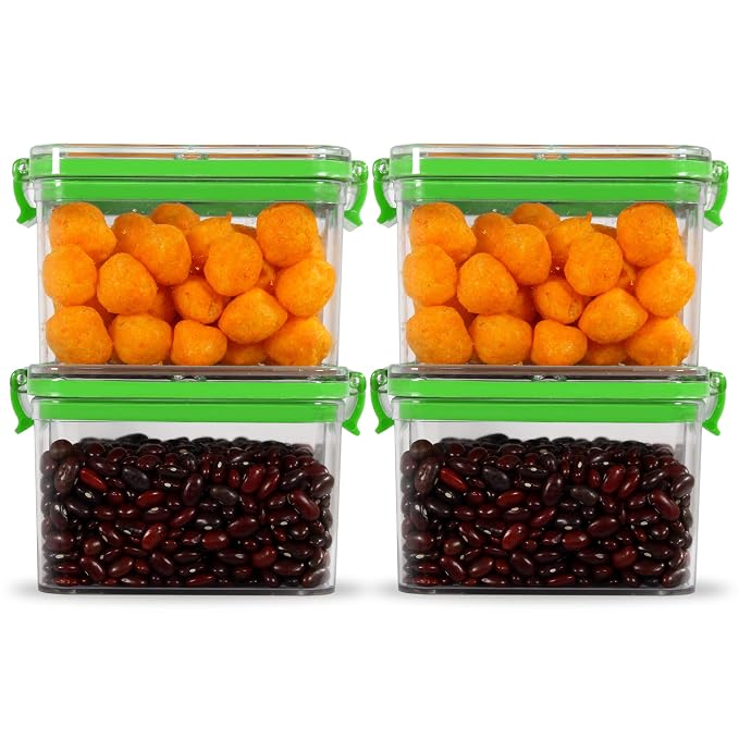 PEARLPET Click n Seal Plastic Kitchen Storage Container Set of 4 Pcs (400 ml, Square shape, Green)