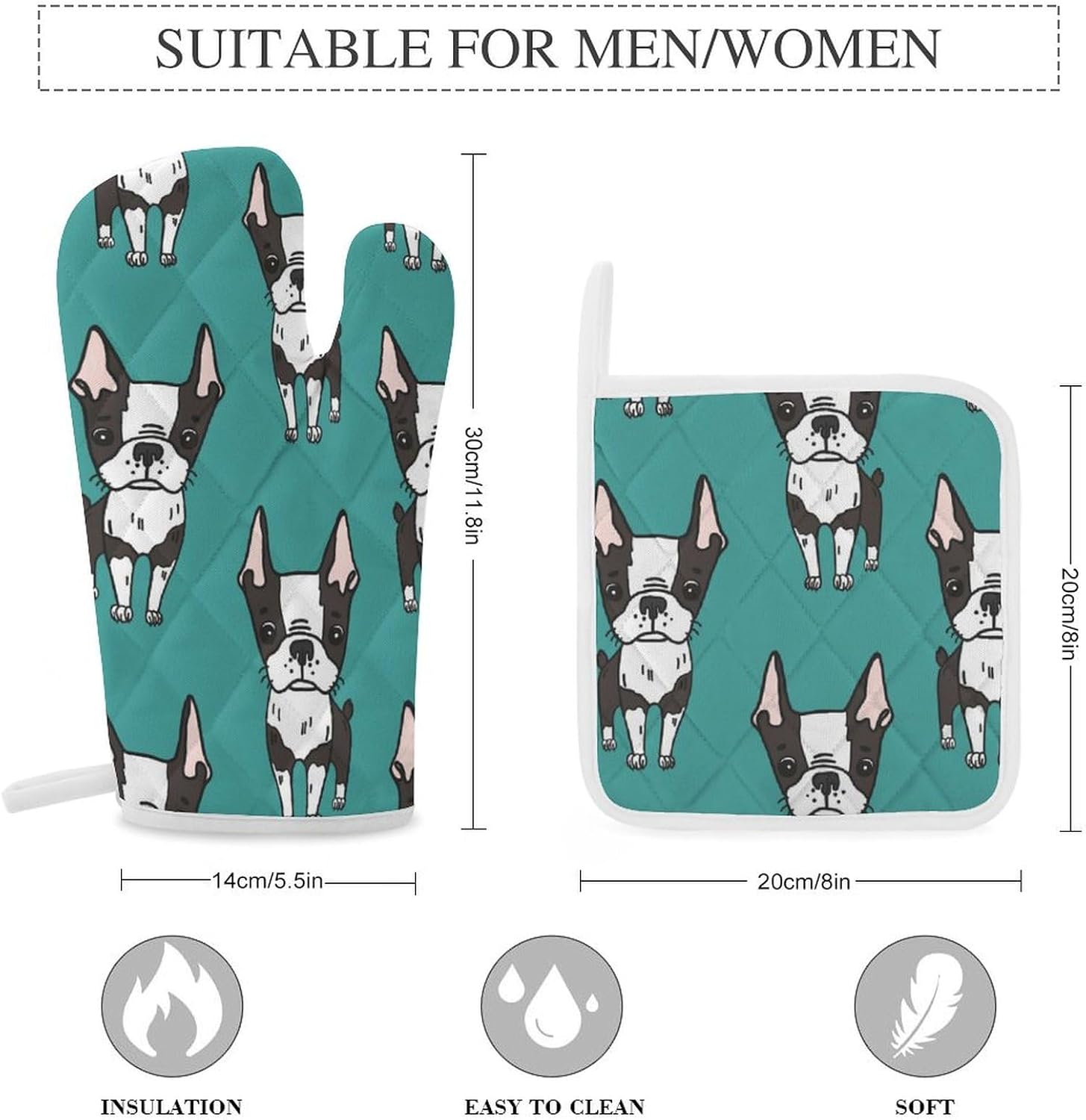 Cute Boston Terrier Print Oven Mitts and Pot Holders 3 Piece Sets Heat Resistant Gloves Hot Pads Potholders for Kitchen Baking Cooking