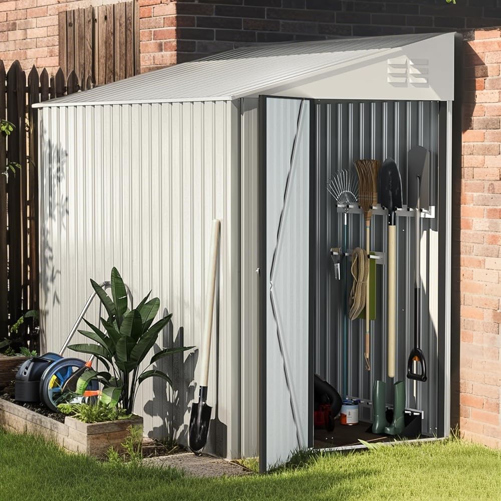UNIONLINE 4x7 ft Lean to Storage Metal Garden Shed | 214x130m x203 cm | Waterproof | 2.6m² 4.6m³ | Lockable Door | Bike Tool Sheds for Backyard Patio | Garbage Can | White