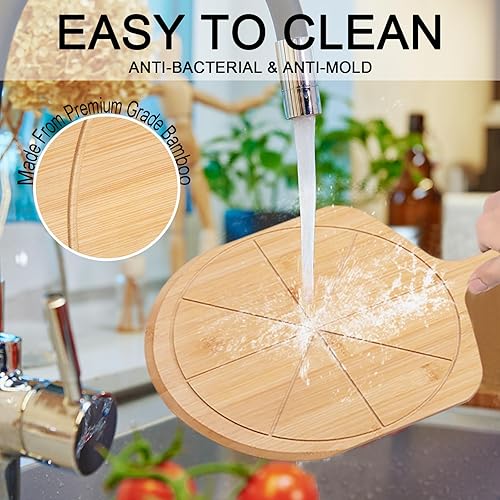Miniatura 5 de Cáscara de pizza de bambú, 18.5 x 12.2 pulgadas con tabla de cortar de pizza de 12 pulgadas, espátula de paleta de pizza con 8 ranuras