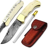 Vista 5 de Camel Bone - Cuchillo plegable de cuerno de búfalo de 6,5 pulgadas, hecho a mano de acero de damasco, con afilador incluido para bolsillo, 100 %