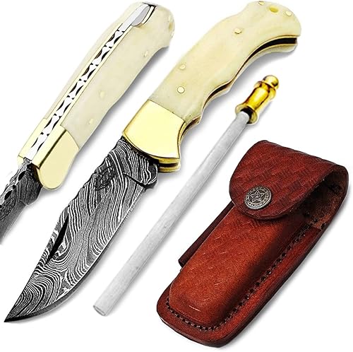 Miniatura 7 de Camel Bone - Cuchillo plegable de cuerno de búfalo de 6,5 pulgadas, hecho a mano de acero de damasco, con afilador incluido para bolsillo, 100 %