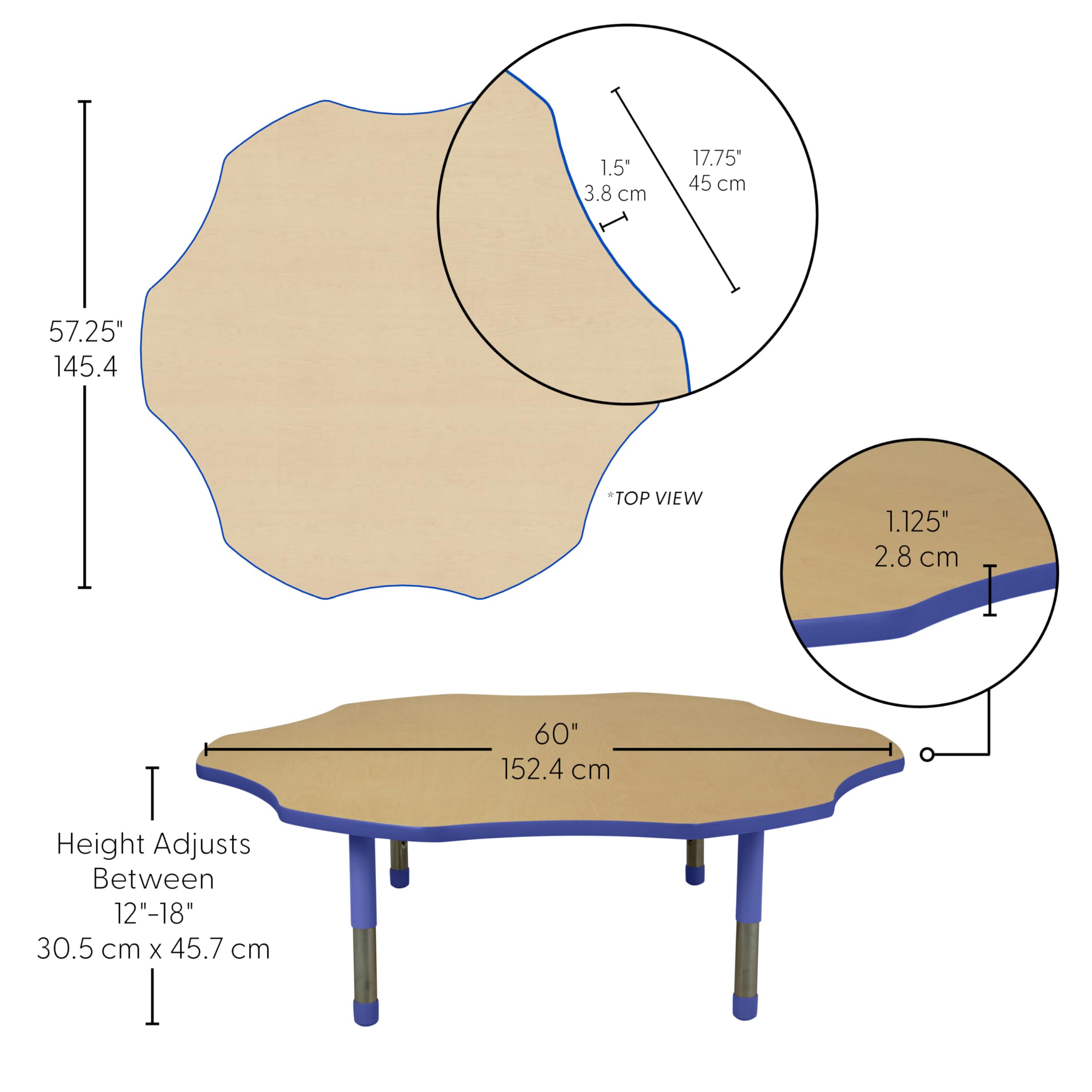 Factory Direct Partners FDP Flower Toddler Activity School Toddler Table (60 inch), Blue Tiny Tot Legs, Adjustable Height 12-18 inches - Maple Top and Blue Edge