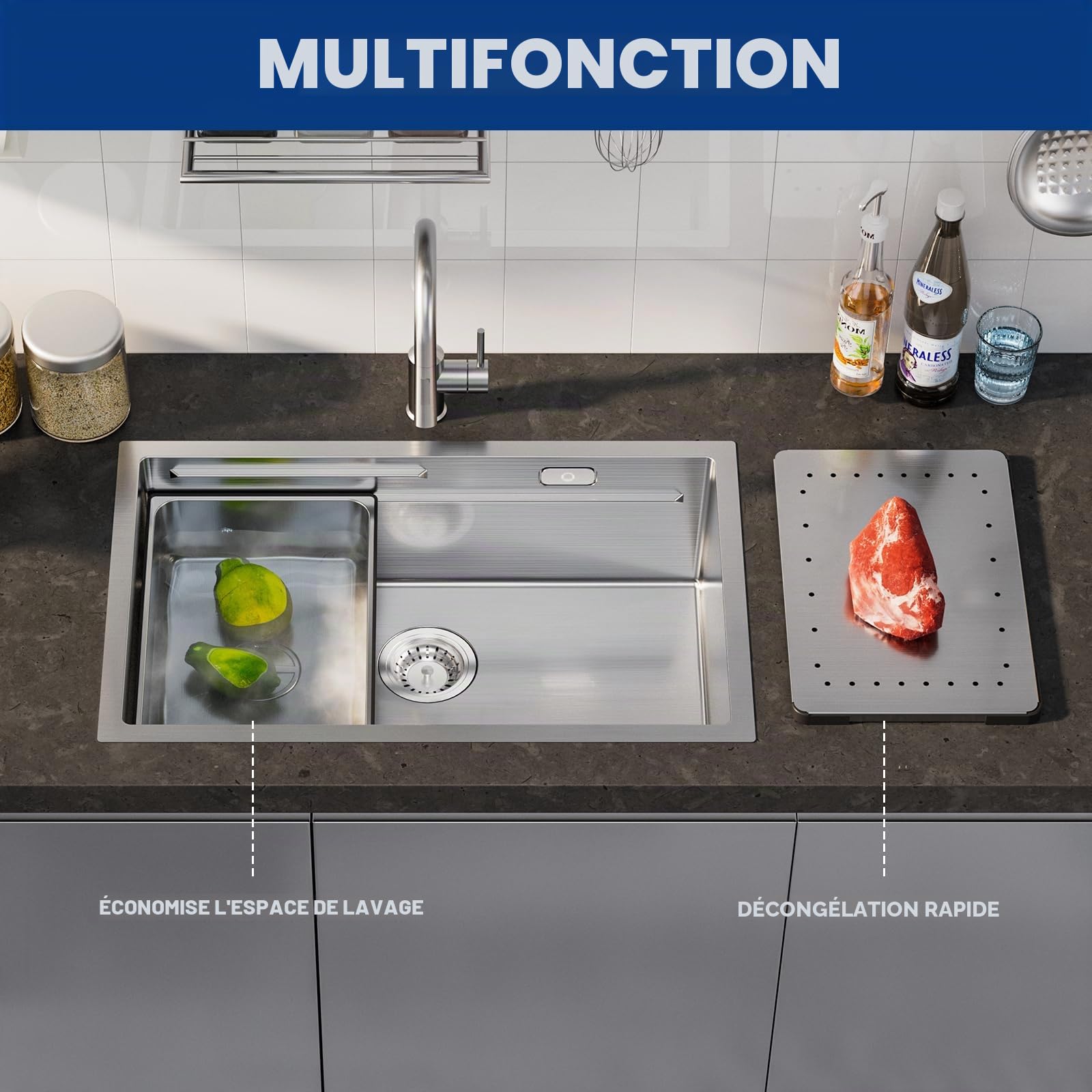 CECIPA Évier de cuisine en acier inoxydable 70 x 44 cm avec planche à découper, évier intérieur de rechange, siphon avec garniture de trop-plein, lavabo de cuisine, encastrable sans trou de robinet