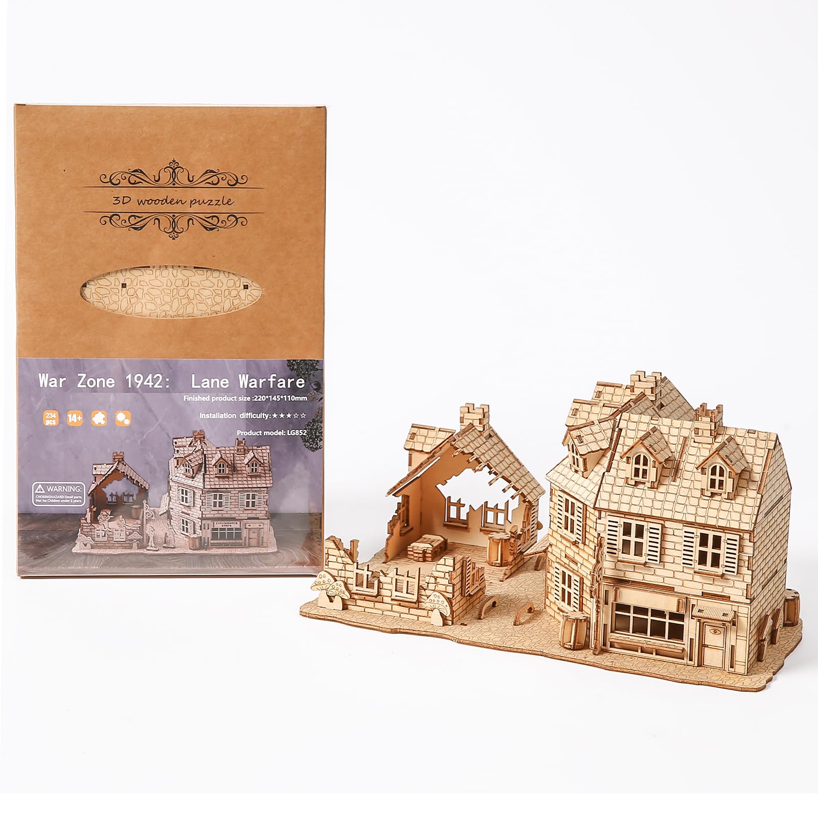 3D-Holzpuzzle für Erwachsene, Modellbausatz antiker Architektur, War Zone 1942: Bastelset für Straßenkampf-Gebäude, Holzmodellbausatz als Geschenk für Erwachsene zum Zusammenbauen, 234 Teile