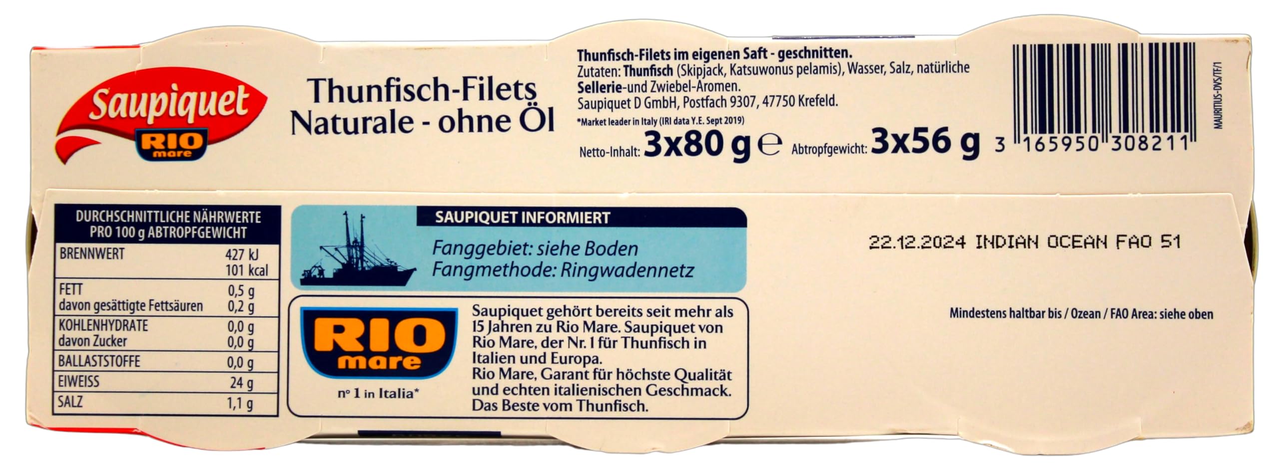 Saupiquet Rio mare Thunfisch-Filets Naturale - ohne Öl 3 x 56g, 8er Pack (8 x 168g)