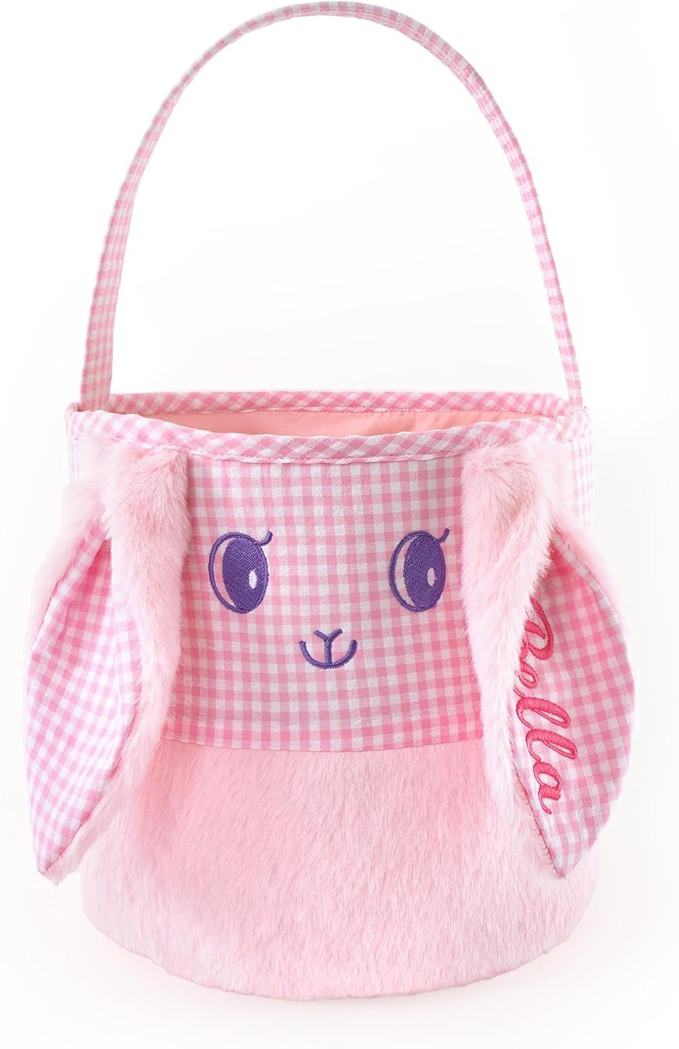 MT WORLD Toddler Easter Basket Personalized Kids Easter Egg Bucket with Embroidered Name Bunny Seersucker Bucket with Fluffy Rabbit Ears Candy Pink Gingham Tote Bag for Baby Girls Candy Gifts Bucket
