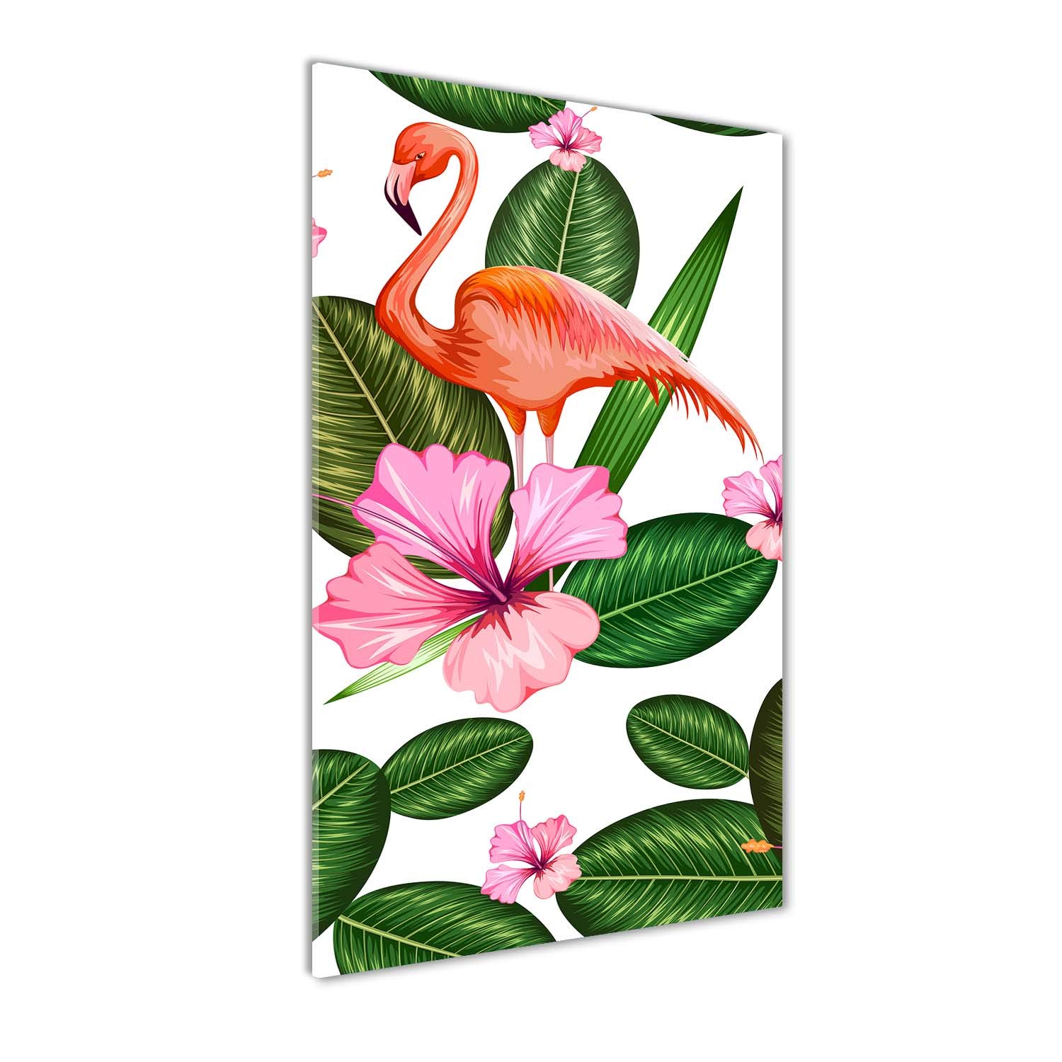 Image tableau photo multicolore flamants roses et fleurs en verre pour salon 60x120